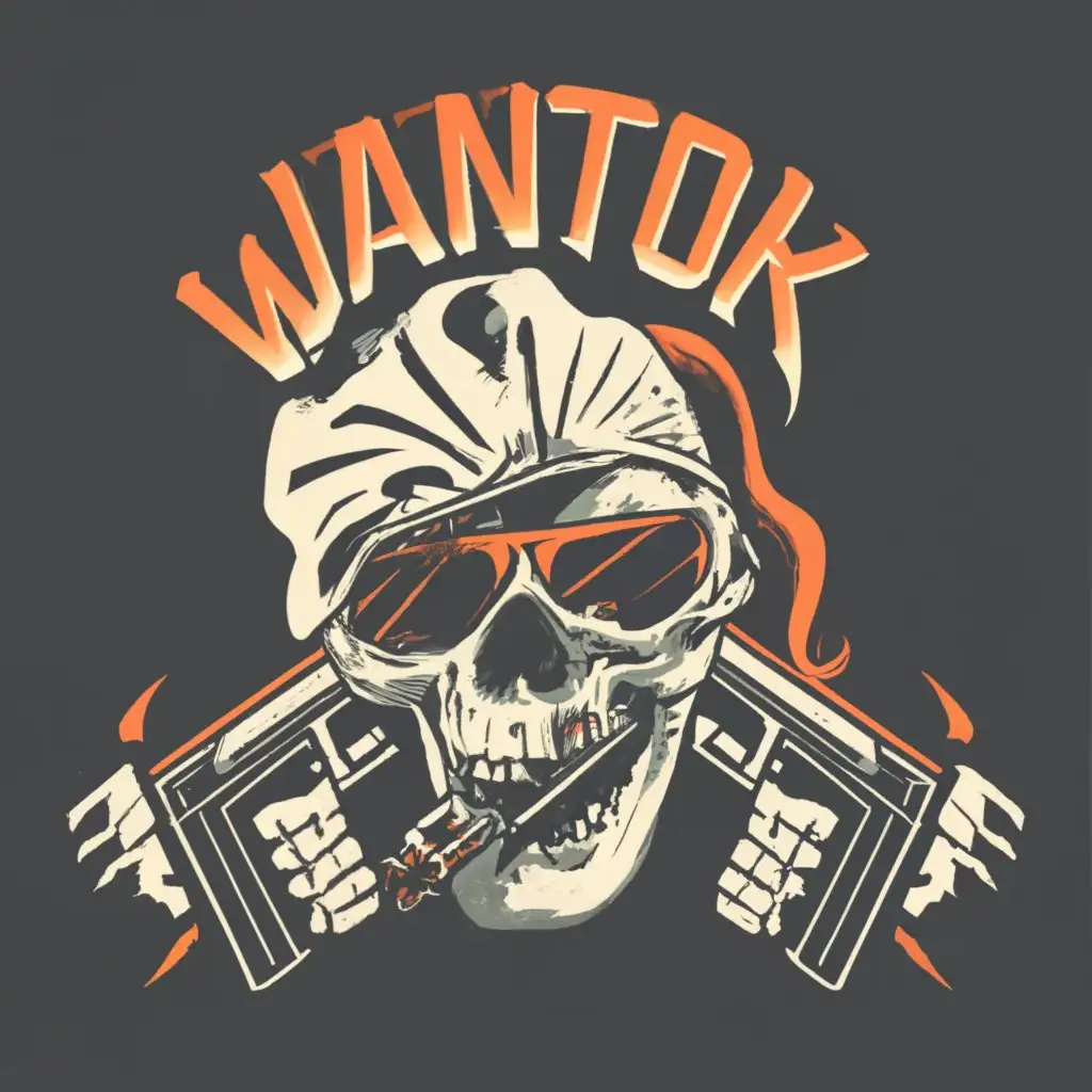 logo, Skull with Guns, with the text "WANTOK,
Forged By The Kanaka", typography
