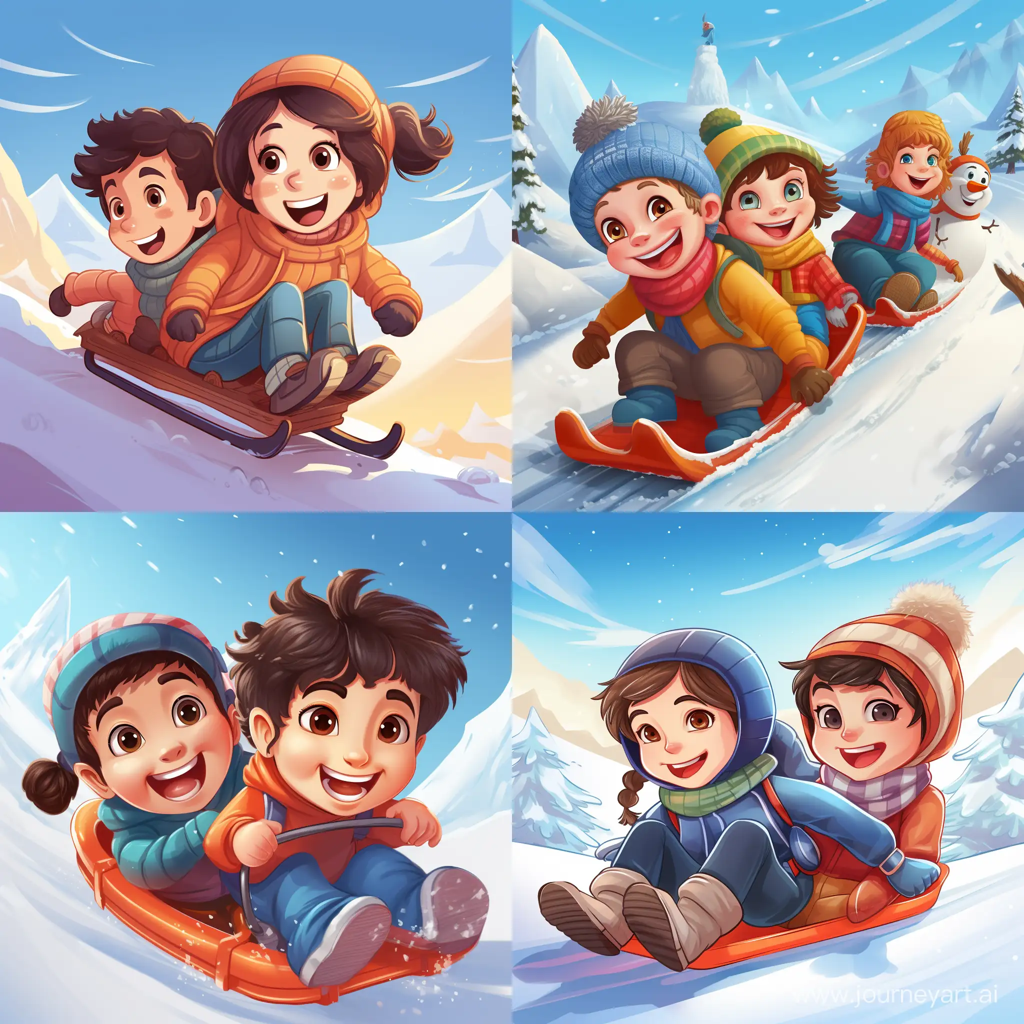 Joyful-Kids-Sledding-Down-a-Snowy-Cartoon-Winter-Slide