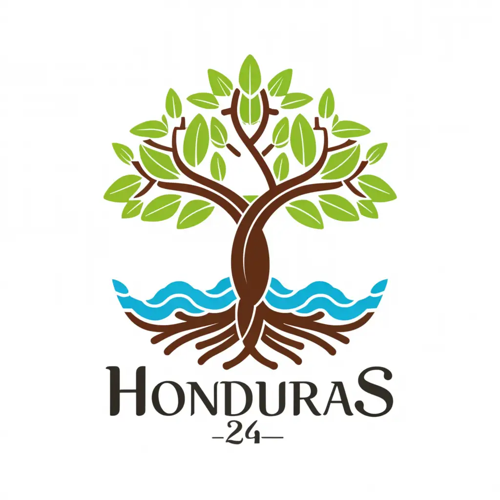 a logo design, with the text 'HONDURAS 24', main symbol: Tree over ocean, complex, to be used in Travel industry, clear background, no tm, no cross, black and white 