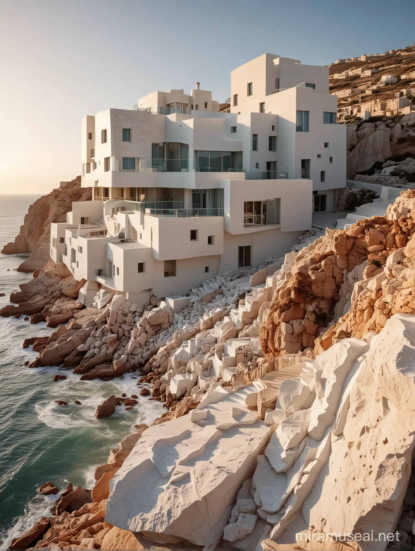 Carved architectures STYLE frank gehry modern many cubic architecture with glass and white stone, at the stone ,drone view, modern architectures  and the white plaster,  at the cost of malta near the sea with rock, sunset, 32k cinematic light hyper-reliastic photo light inside the architecture32k