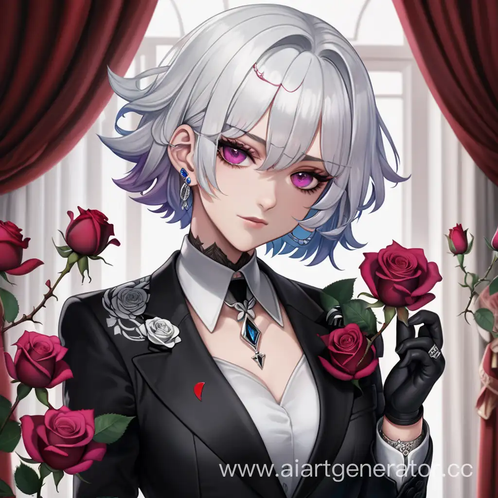 1dragon, white hair, black suit, black flower, black rose, blood, blue rose, curtains, earrings, flower, gloves, jewelry, lipstick, looking at viewer, green eyes, makeup, necklace, open mouth, pink flower, pink rose, purple rose, red flower, red rose, rose, rose petals, short hair, curl hair, solo, tattoo, thorns, white hair, white rose, yellow rose, full body