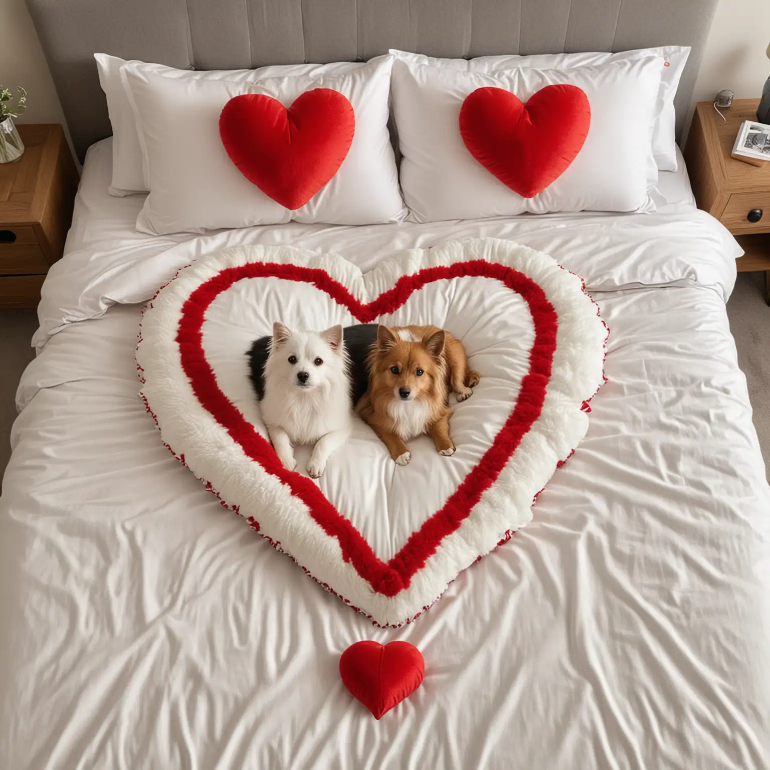 muéstrame un perro y un gato sobre una cama a lado y lado de un cojín rojo en forma de corazón