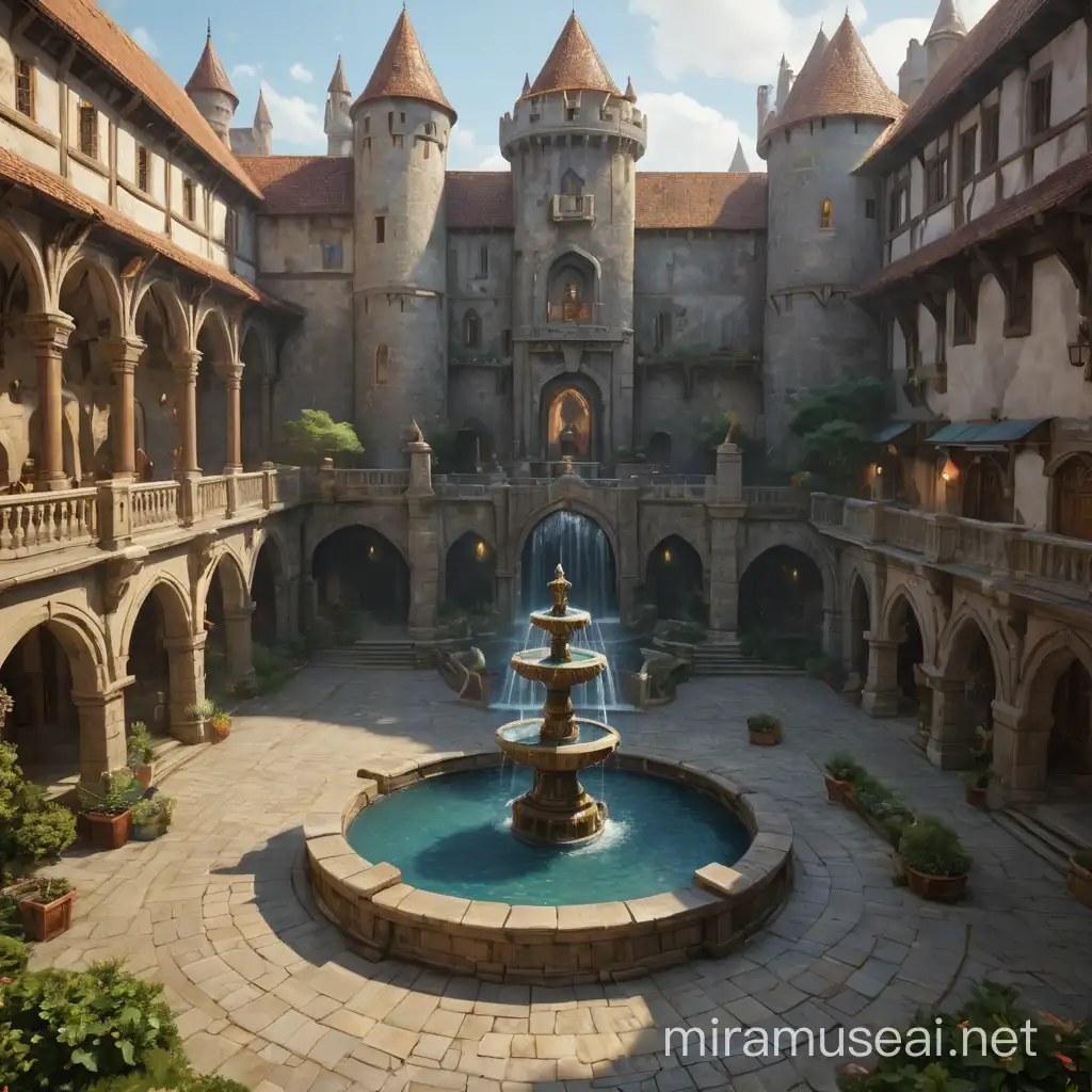 dungeons and dragons, fantasy, castle courtyard with a large fountain in the middle