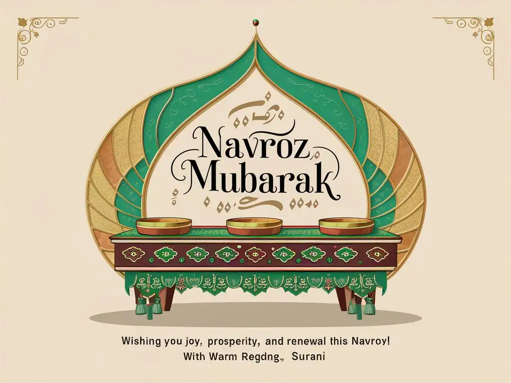 Create a visually appealing greeting card design for 'Navroz Mubarak' incorporating traditional elements like a stylized 'Haft Seen' table or Persian motifs. Include the text 'Navroz Mubarak' prominently in elegant calligraphy, and below it, add the message: 'Wishing you joy, prosperity, and renewal this Navroz! With warm regards, Abeer Surani.' Ensure the color palette reflects the vibrancy and festivity of the occasion, with hints of gold and green. The overall design should exude warmth and celebration, suitable for sending heartfelt wishes on this auspicious day.