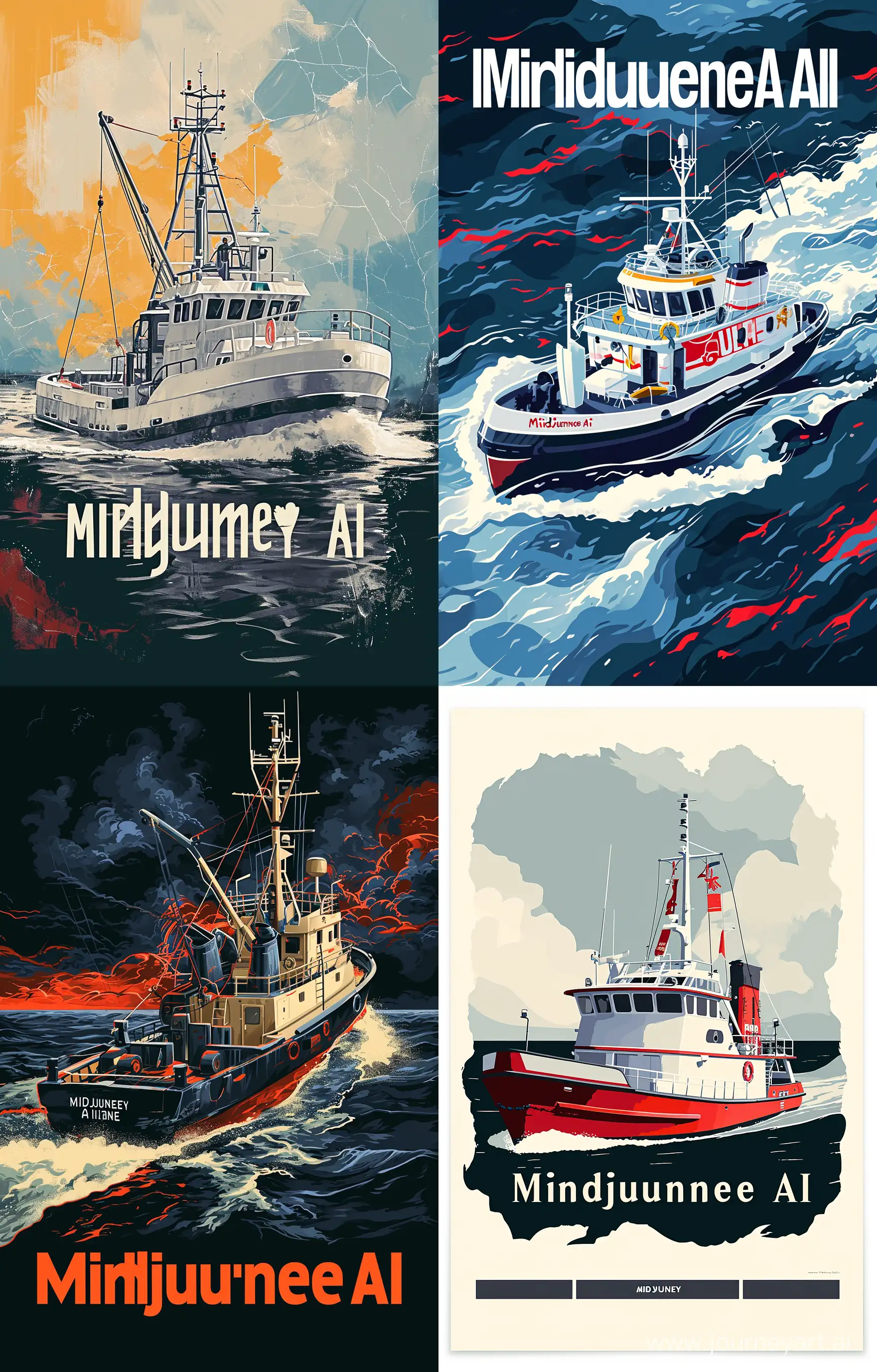 A poster with a boat that reads "Midjourney AI" --v 6 --ar 9:14