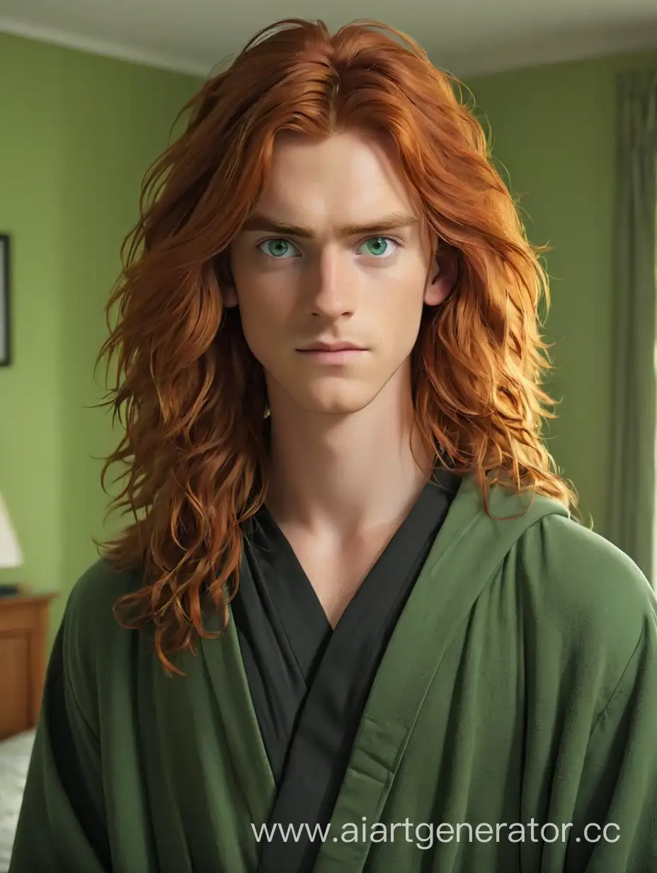 Молодой мужчина с длинными рыжими волосами и зелёными глазами. Стоит посреди спальни, выполненной в зелёных тонах. Одет в черный халат.