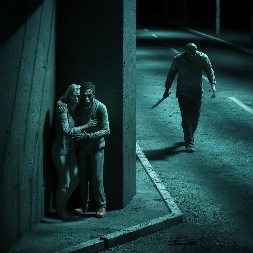 in a dark road, indian couple standing in the corner, one other guy with knife walking on road, hyper detailed, shot from behind