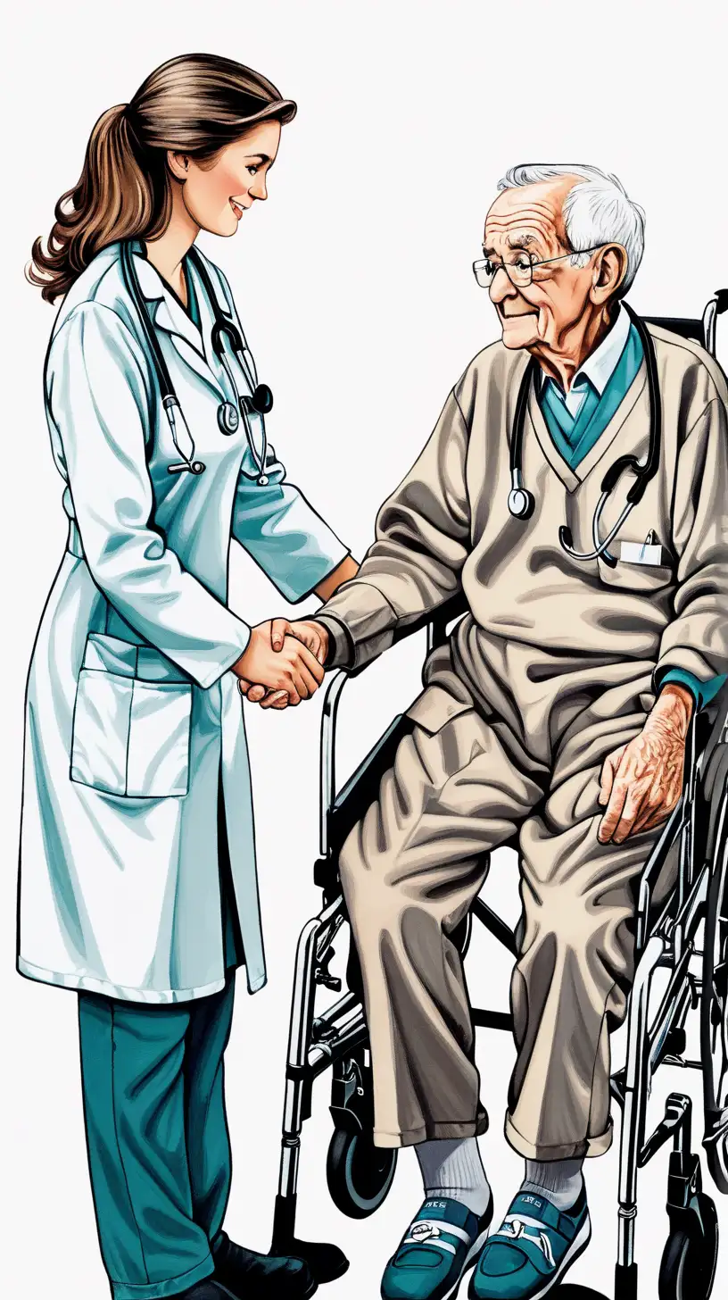 Compassionate Nurse Holding Hands with Elderly Patient Cutaway Illustration