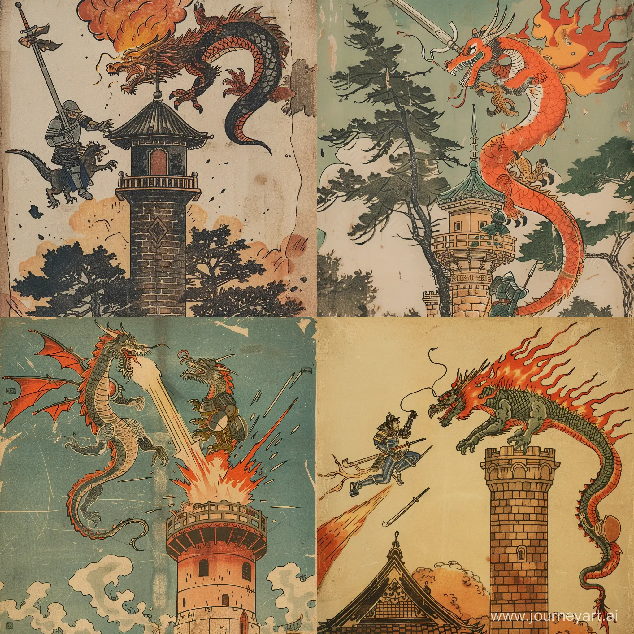 a fire breathing dragon on top of a tower fighting a knight,  Ukiyo-E painting style, wood block printing, vintage, japanese style, edo period
