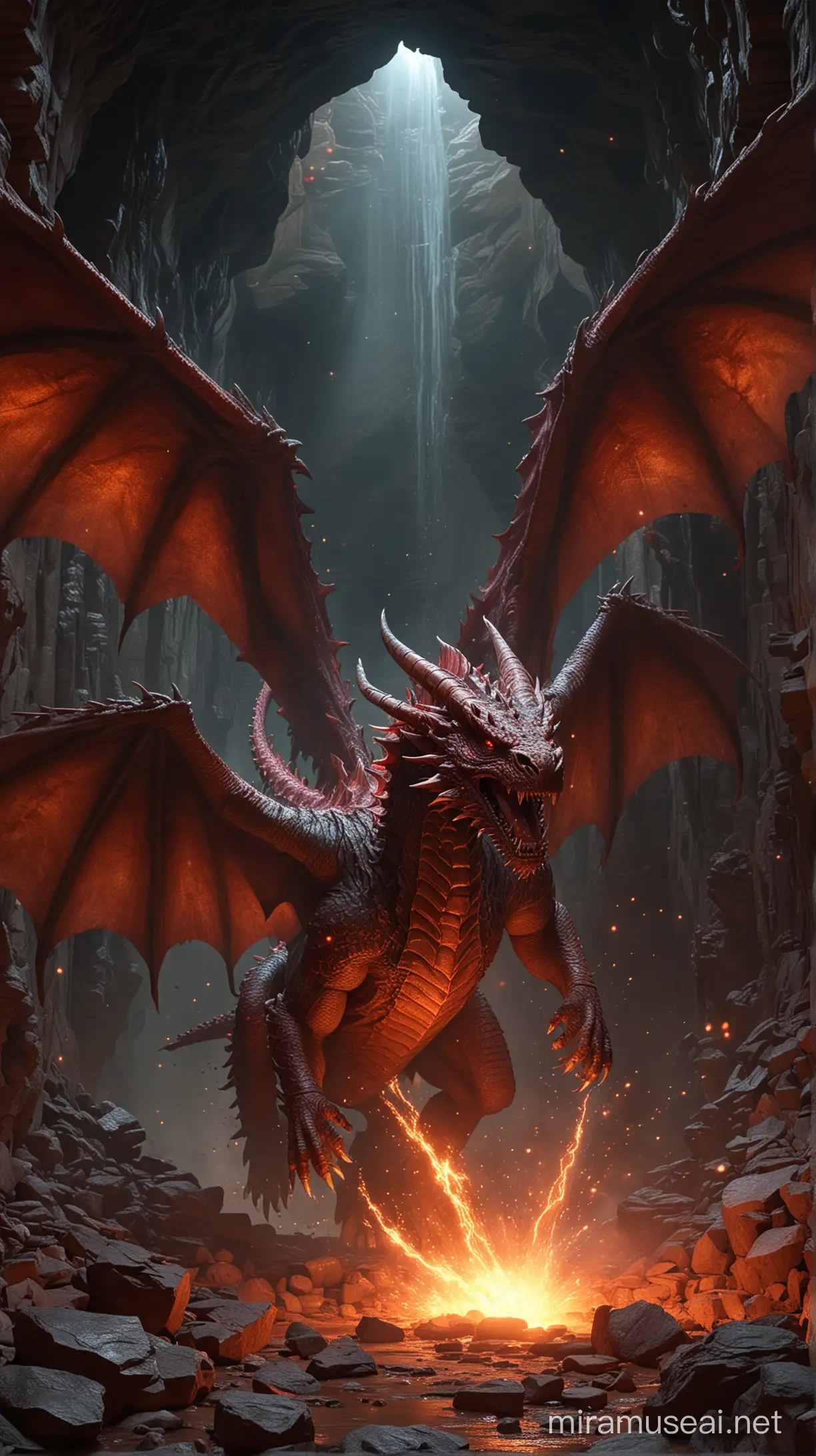 Photorealistic scene. Colossal red dragon with fiery scales circles a bottomless pit, its breath fumes illuminating damp cave walls. A powerful Archangel warrior descends, wings outstretched. Weathered armor, pulsating runes. A key of pure light glows in its hand, a stardust chain trailing behind. Celestial energy swirls. UHD photorealistic.