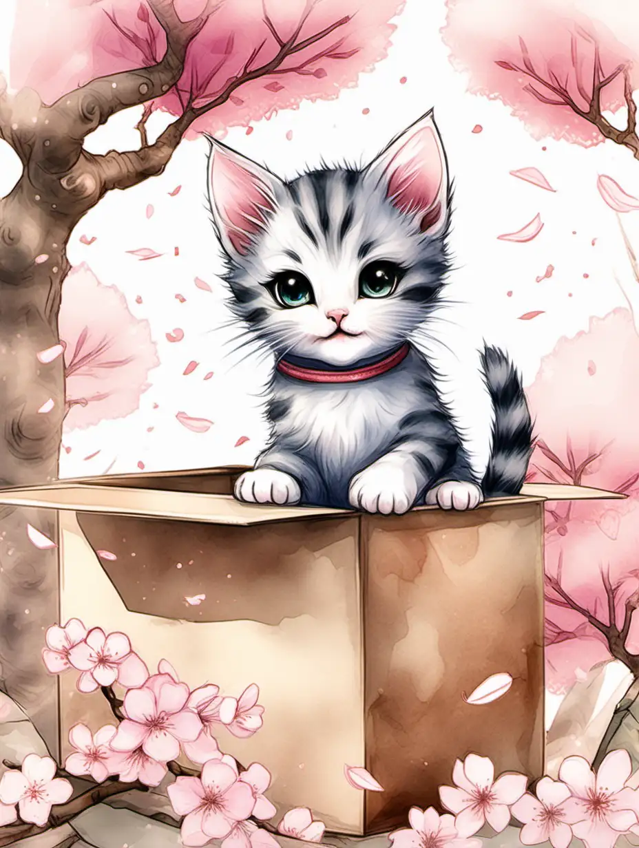 Create a picturesque landscape where a baby kitten enjoys a box adventure surrounded by blooming cherry blossoms. The watercolor style should capture the delicate pink petals falling gently around the playful kitten.