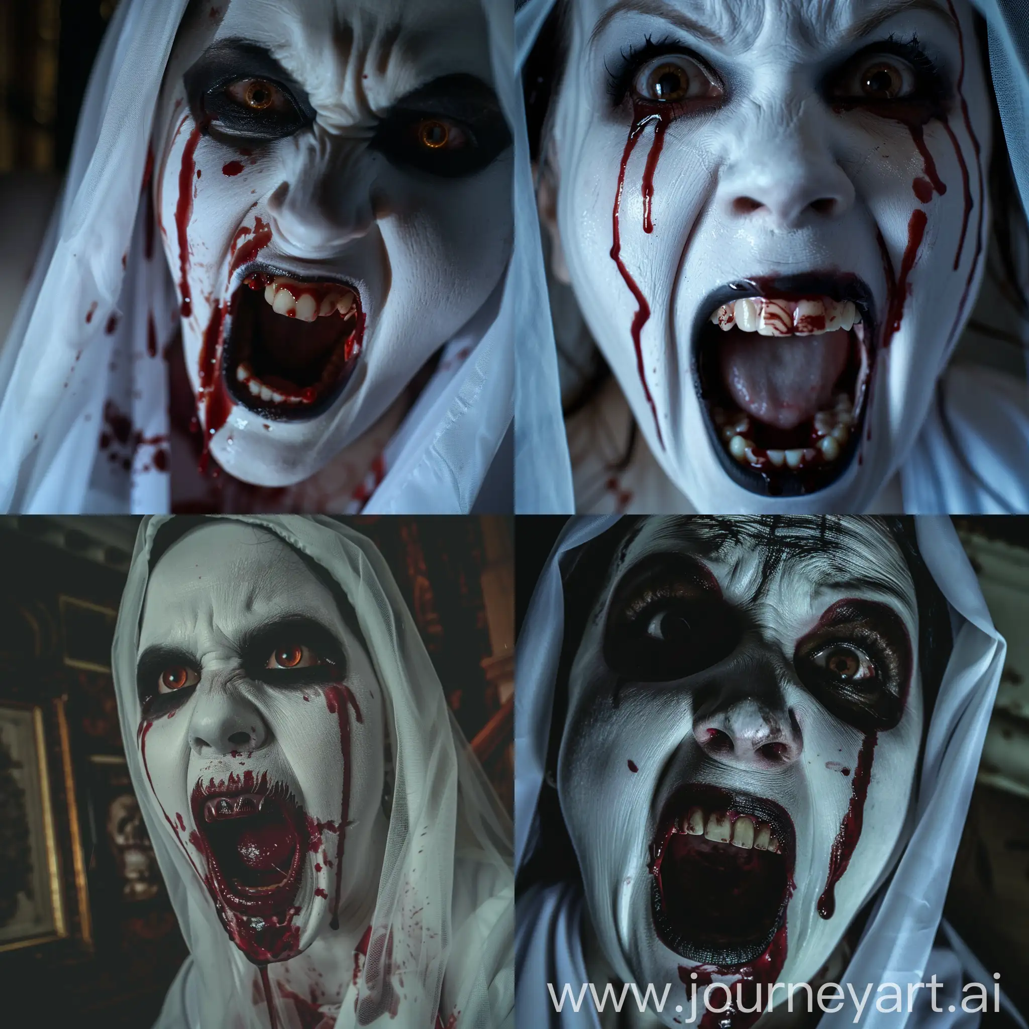 White face woman with brown eyelenses, crying blood, blood pouring out of her eyes, scary informal teeth, shouting, white veil, black eye makeup, at dark creepy home, cinematic lighting, realistic image, Portrait Photography, Close-Up shot