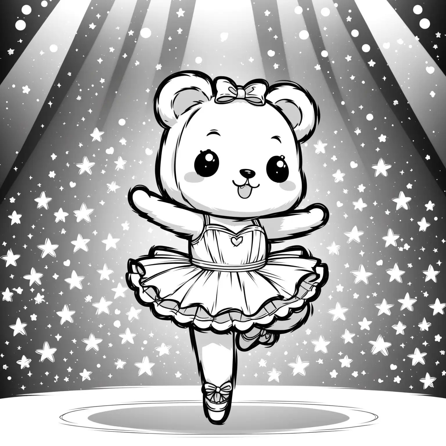 coloring image for young children, outline only, thick bold lines, no grayscale, no background, black and white. kawaii ballerina bear dancing on a stage
