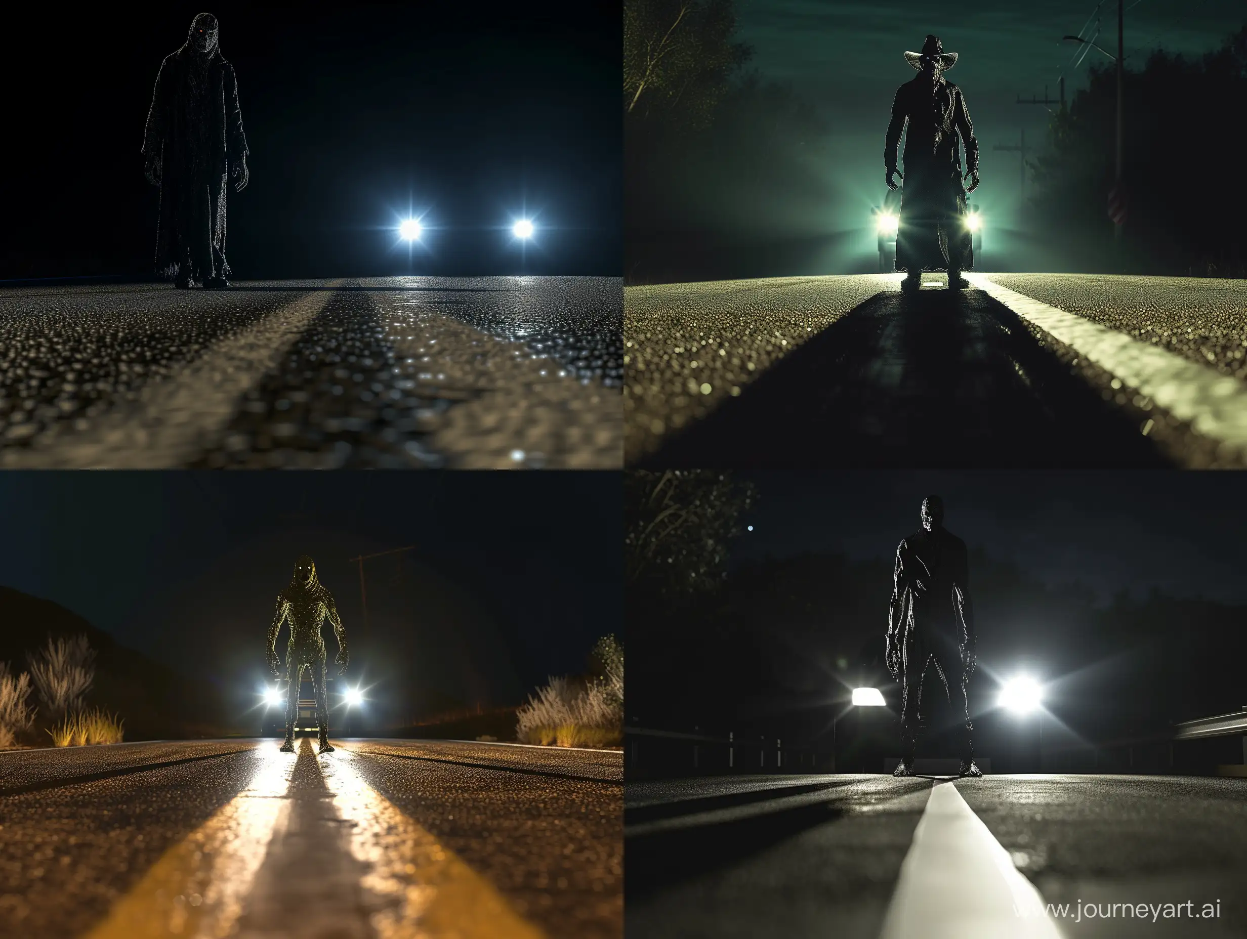 The creeper (from Jeepers Creepers) standing in the middle of the raod at night, in front of car, cockpit veiw, headlight full beam, first person veiw, ultra realistic, photorealistic, 8k, full body