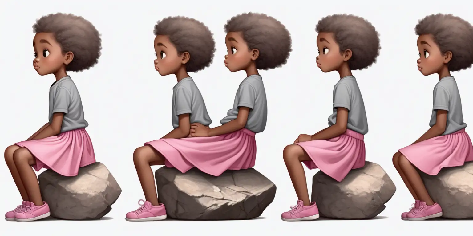 children's muted art illustration, full figure 8 year old african brown girl character, sittin gon a rock, wearing a pink skirt, a grey shirt, black takes, cute poses and expressions, full colour, side view, back view, front view, no outline