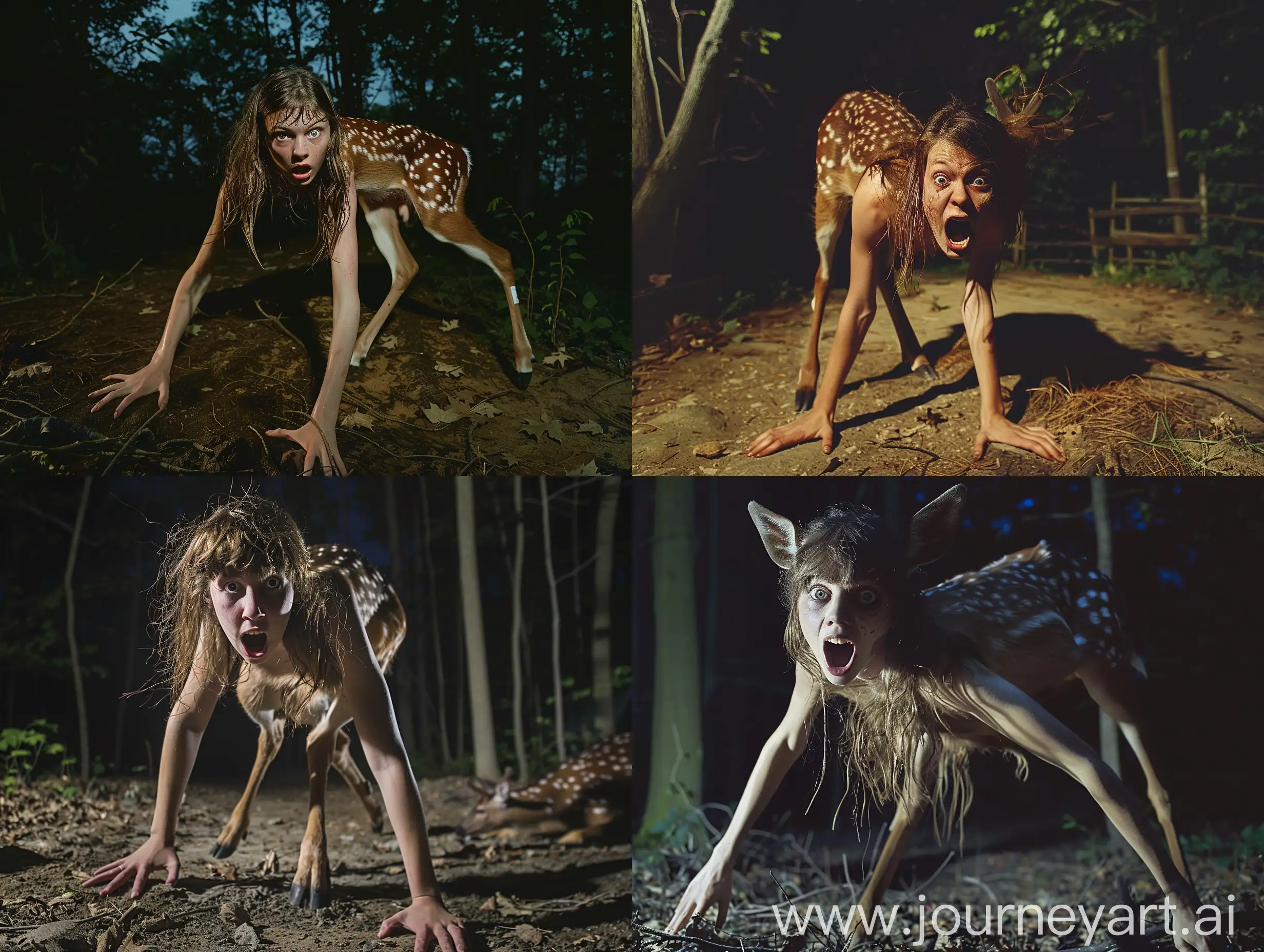 A young woman with loose brown hair, who has been transformed into a deer. The photo is taken while the transformation is almost completed. She is standing on all fours in a forest at night. She has a desperate expression, screaming for help. Realistic photograph, full body picture.