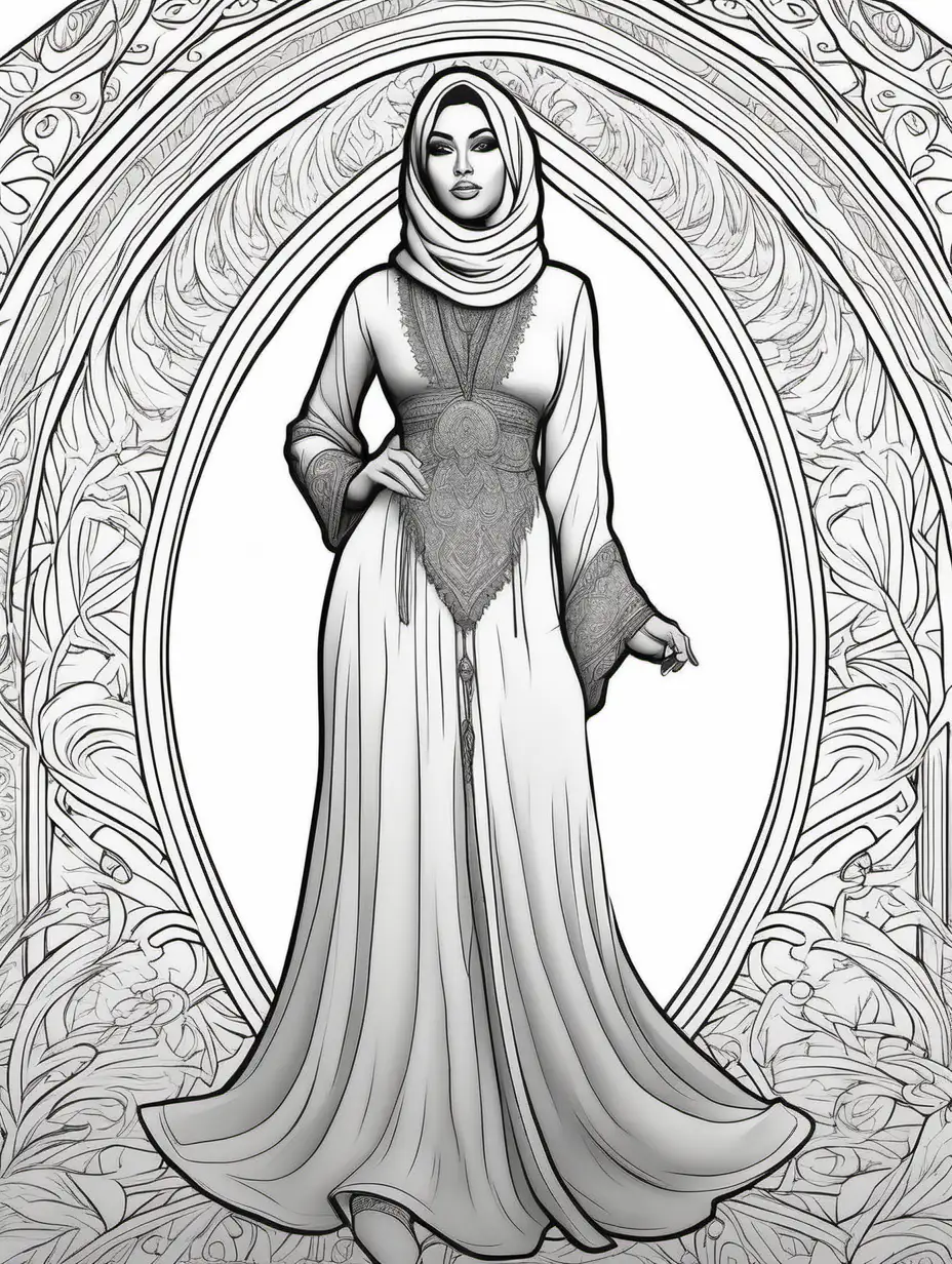 create a tall coloring page of a glamorous curvy bohemian muslim woman, black outlines, no shades, no shading, no grayscale