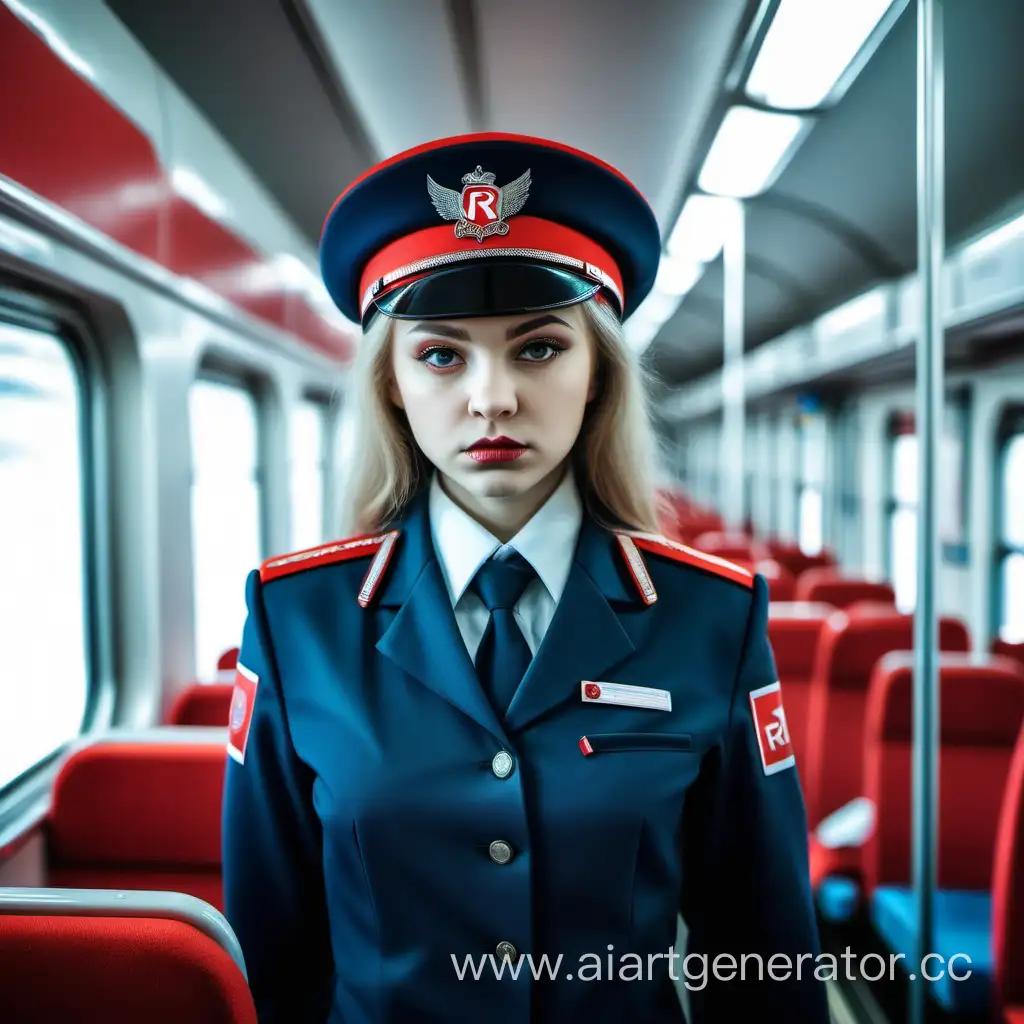 Злая и хитрая девушка в униформе Российских железных дорог ,проводница в поезде РЖД, стоит в проходе