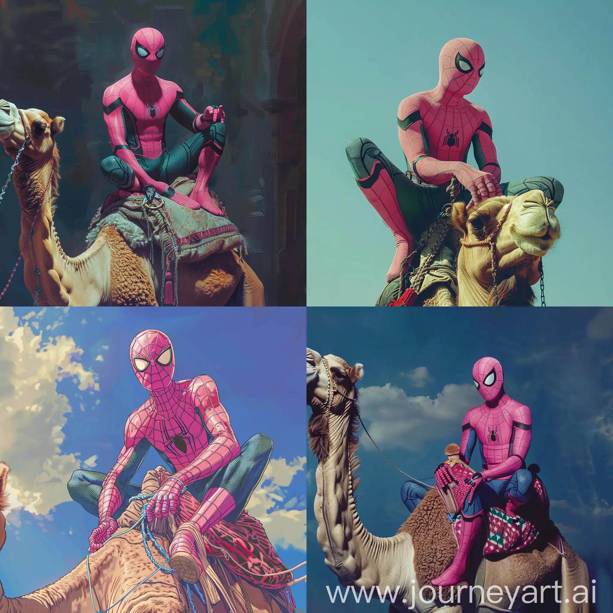 pink spiderman sitting on a camel 


