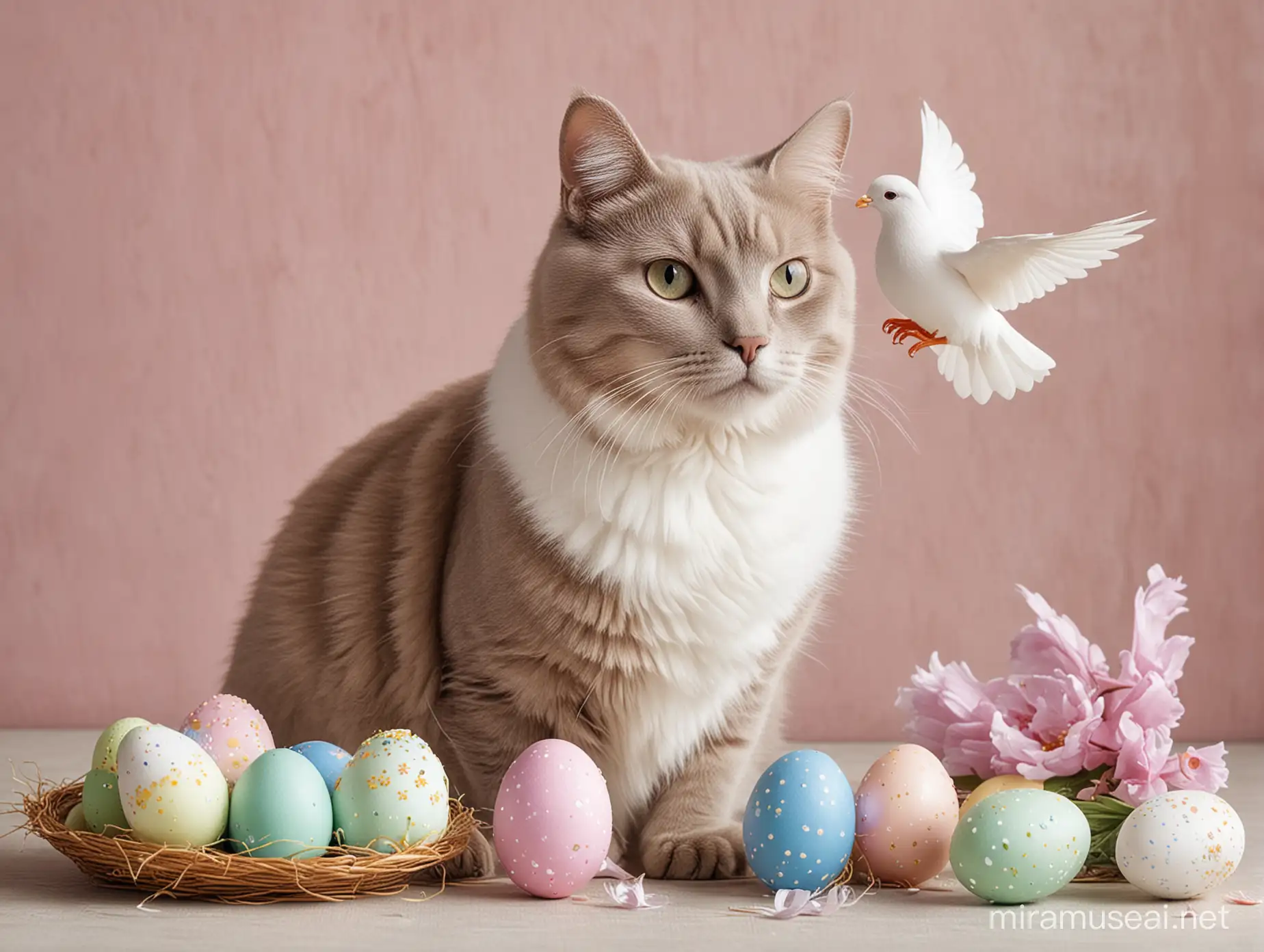 Easter Cat Holding Dove in Spring Garden