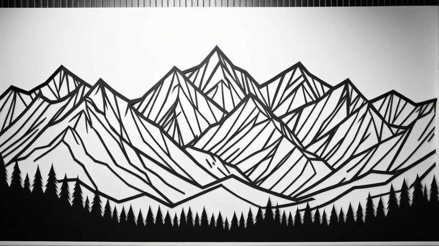 black and white mountain range for cutting out wall art, only mountains, all lines connected