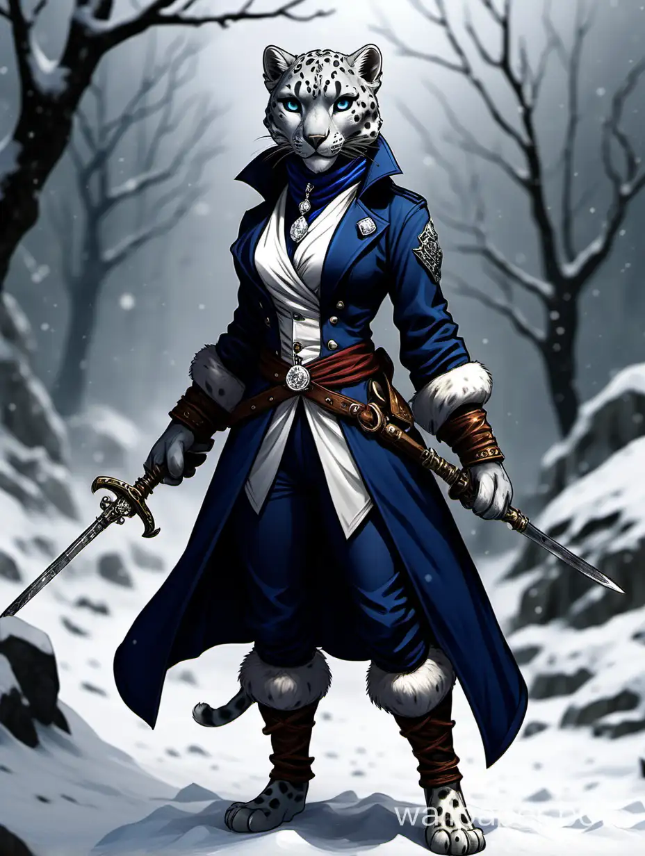 female snow leopard tabaxi, with a rapier wearing a dark blue coat and leggings, and a diamond pendant