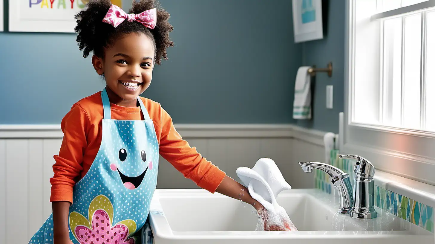Showcase a child wearing a playful, patterned apron over casual clothing, grinning ear to ear while splashing water playfully during their handwashing routine in a bathroom adorned with cheerful, kid-friendly decor.