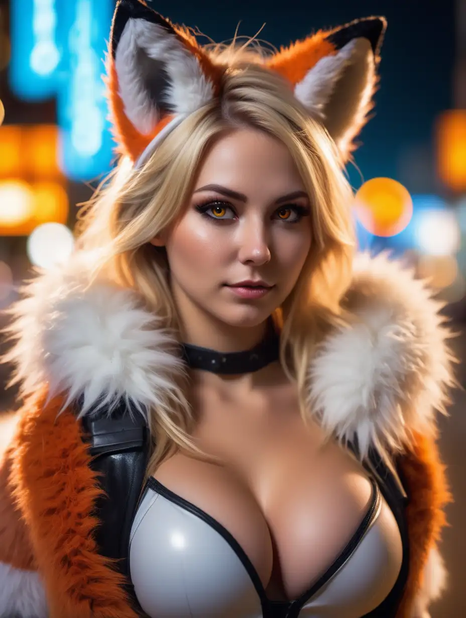 Beautiful Nordic woman, very attractive face, detailed eyes, big breasts, dark eye shadow, messy blonde hair, wearing a skintight cosplay outfit, with furry fox ears and a furry fox tail, close up, bokeh background, soft light on face, rim lighting, facing away from camera, looking back over her shoulder, walking in a city at night, neon sign lights all around, photorealistic, very high detail, extra wide photo, full body photo, aerial photo