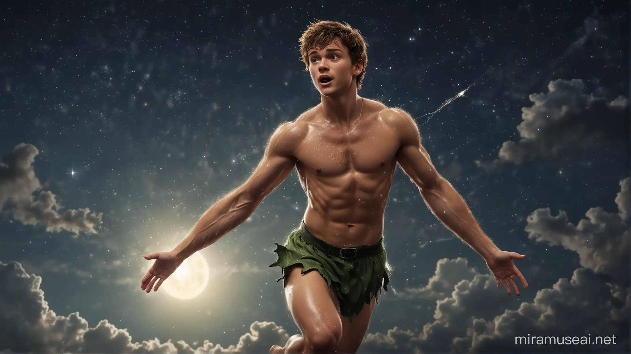 Realistic muscular sweaty shirtless Peter Pan, flying in the sky at night.