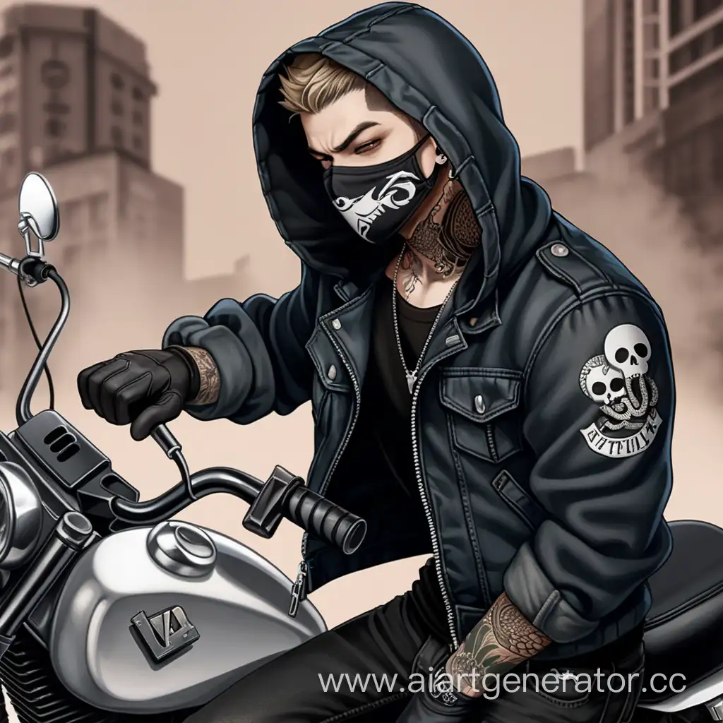 Young-Man-with-Snake-Tattoo-Wearing-Mask-and-Holding-Pistol-by-Motorcycle