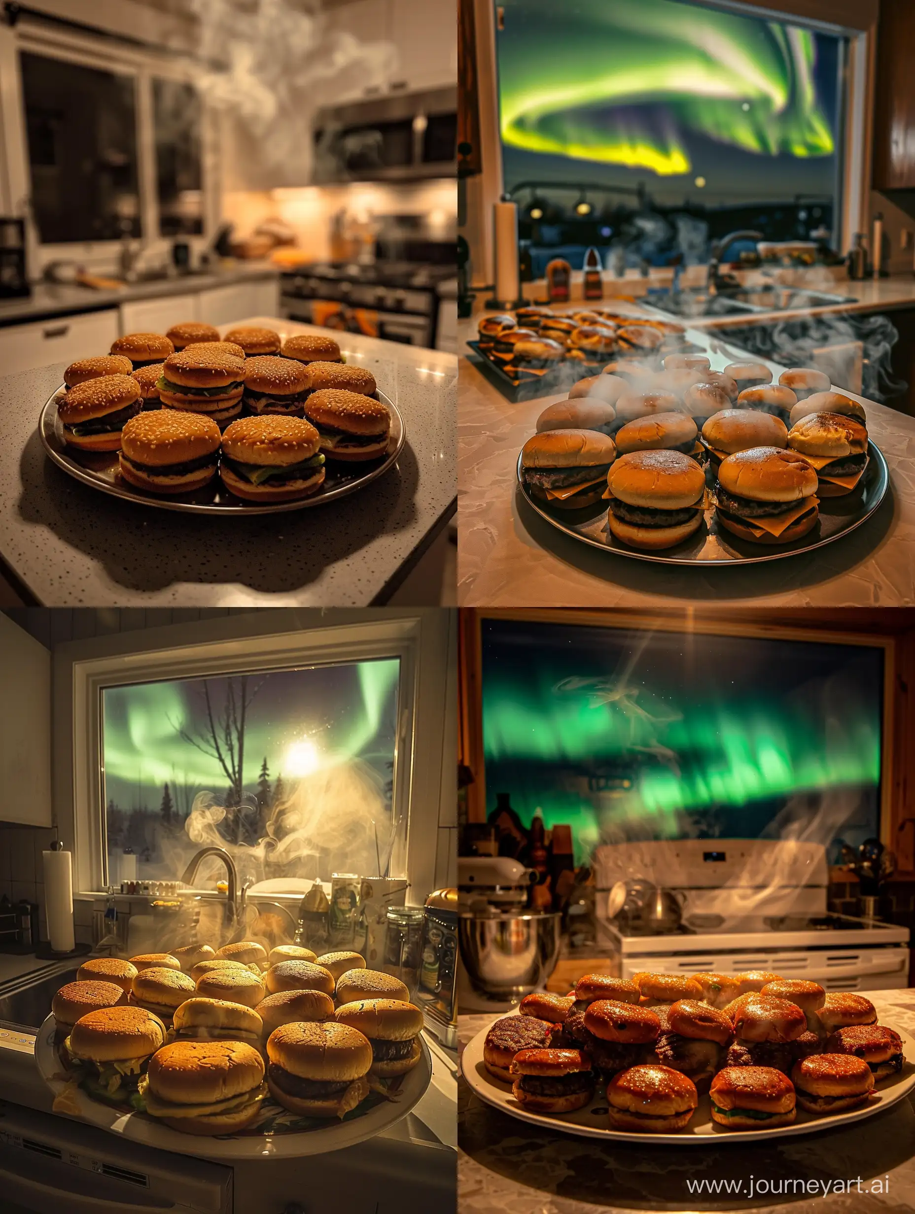 Aurora Borealis is literally inside the kitchen, all of it. On the kitchen counter there is a platter of many hamburgers that are steaming.