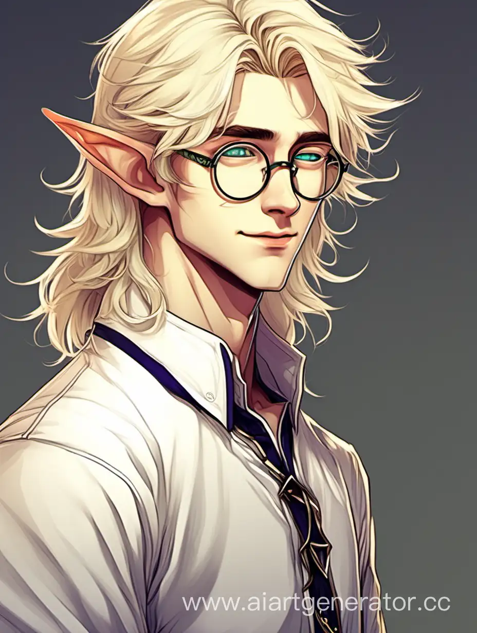 эльф, блондин, светлые волосы, круглые очки, молодой, худой, милое лицо, парень, острые уши.
