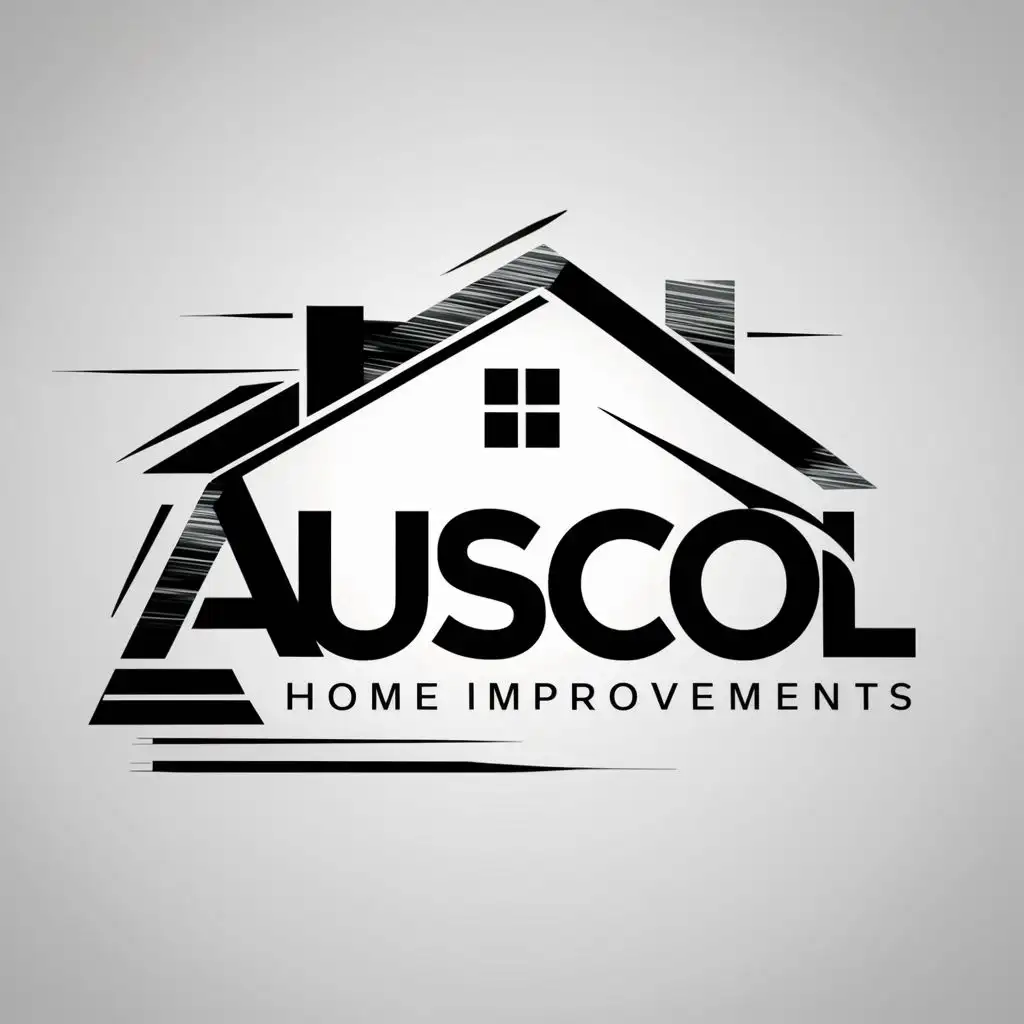Line art logo of a House,  integrating sleek and contemporary design elements like clean lines, geometric shapes, and dynamic textures, and tools  the outline of the building Spells the letters AUSCOL Home Improvements
