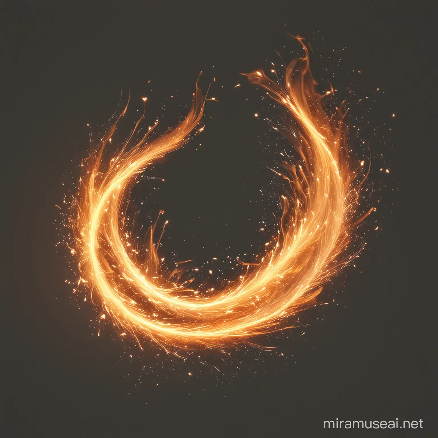 Large close up whispy flames that are blown into a curve by the wind with stretched flames that are sparks scattered about a transparent background