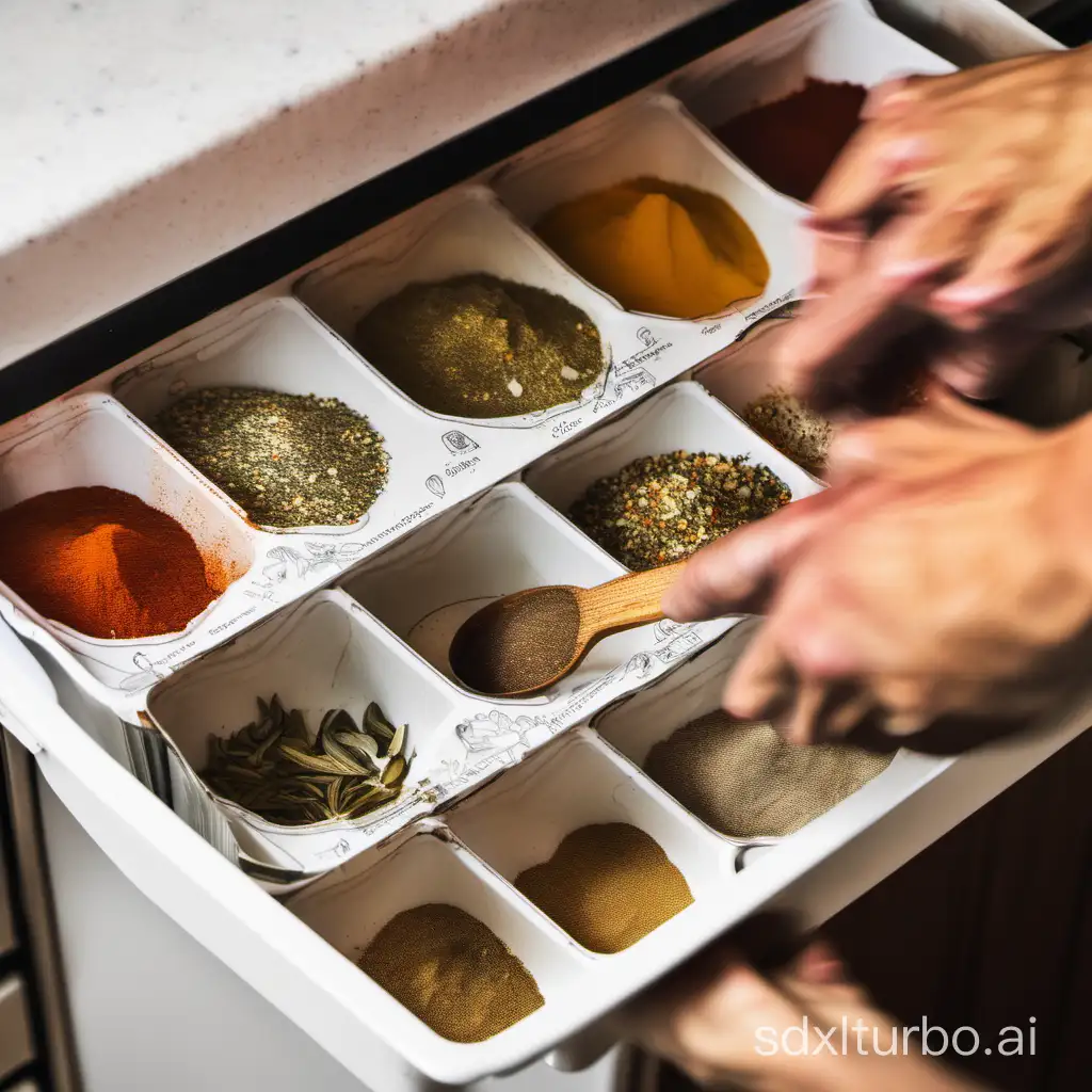Taking out seasonings from the seasoning box by hand in the kitchen.