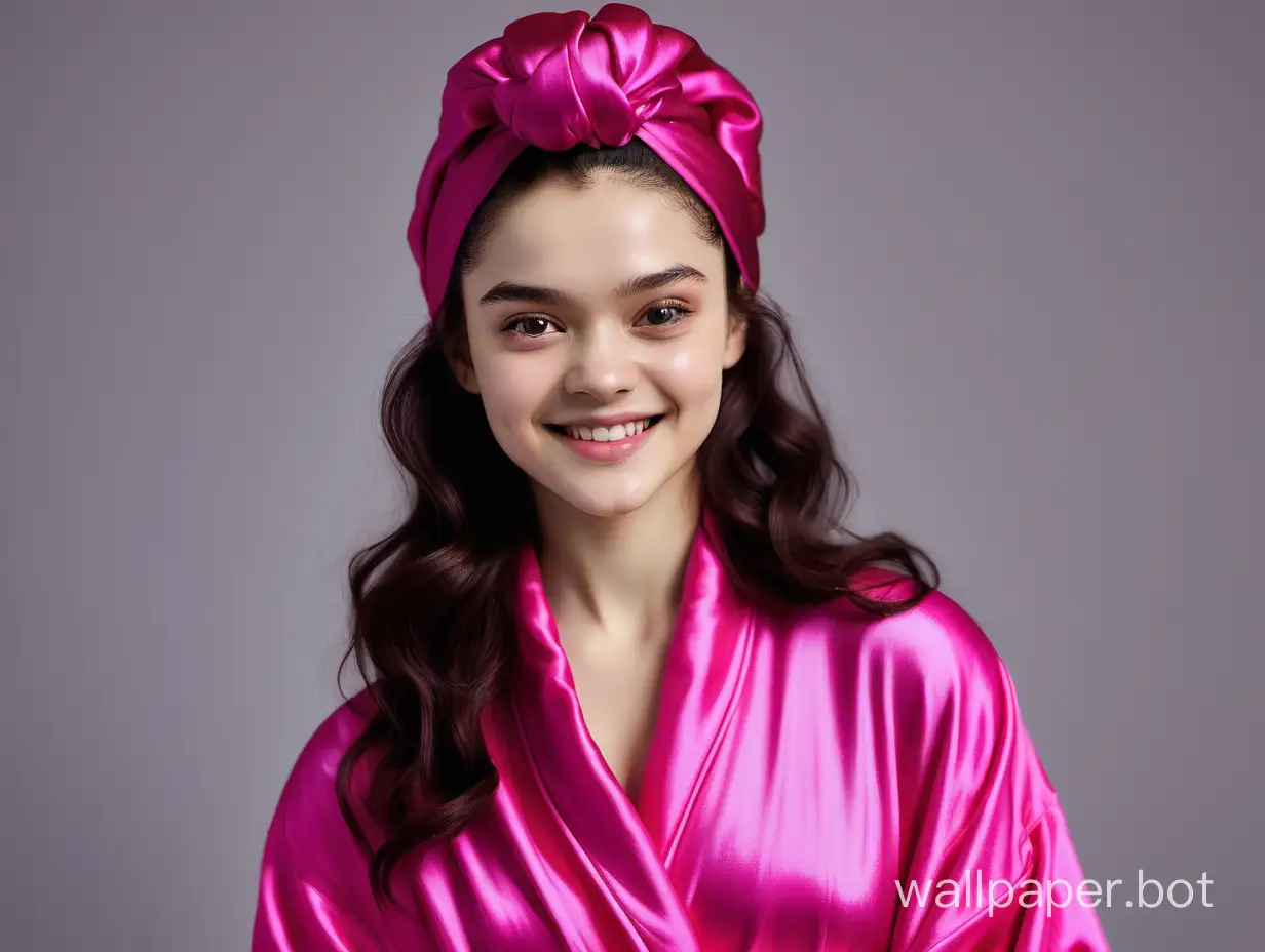 Yevgenia Medvedeva smiles beautifully with long hair in a silk robe of fuchsia color with a pink silk towel-turban on her head