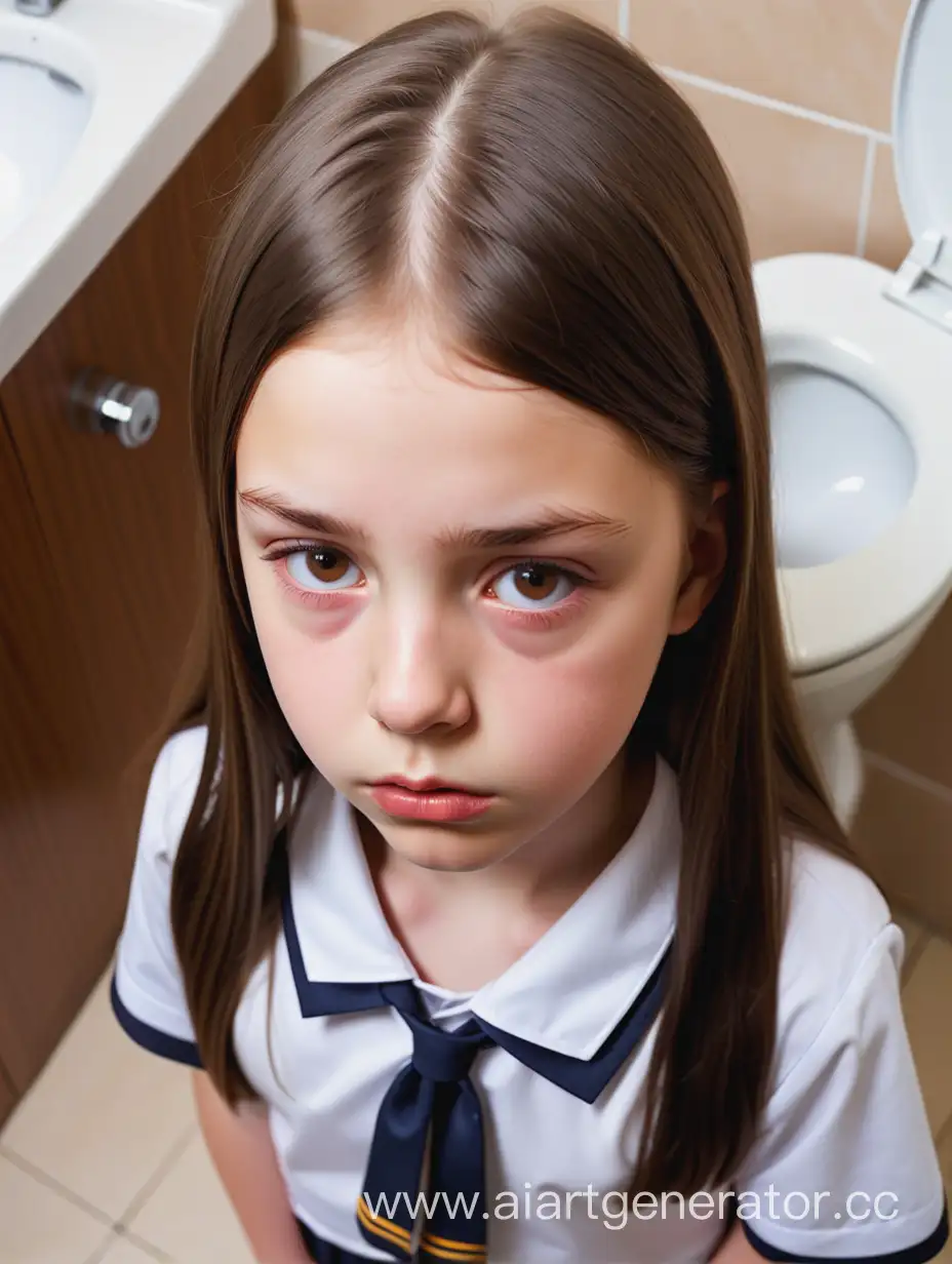 A girl. The girl wears a mini school uniform. 12 years old. Close-up. The photo taken from top. Toilet. Bird's eye view. Plump lips. Close up. Head top view. Close up. Soft make-up. She has long straight hair. The girl is sad. The girl has a diffefent face. Brown hair.