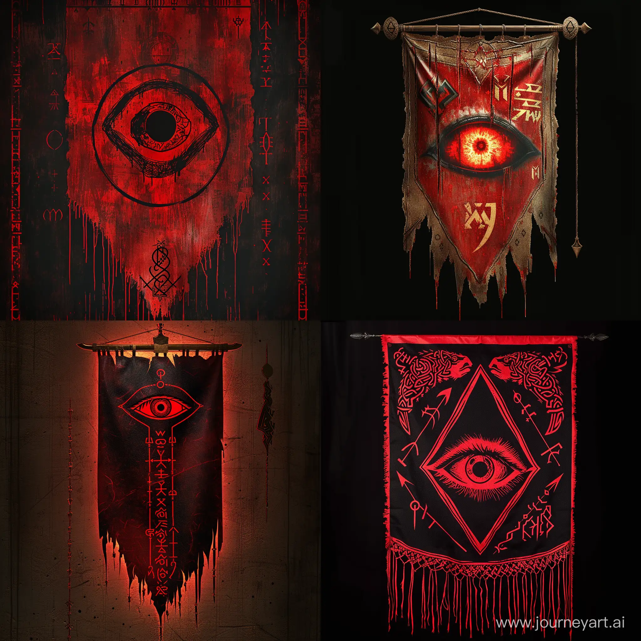 make a divine banner associated with the eye and runes in red in the style of Valhalla
