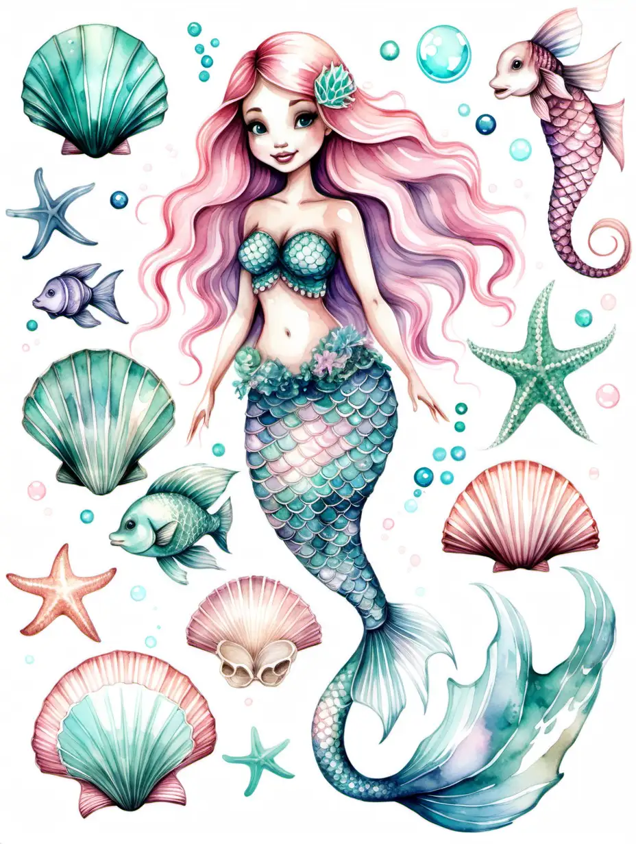 detailed watercolor illustration of a beautiful mermaid clip art featuring shades of pale pink, teal, light blue and turquoise colors, include ocean themed elements such as shells, seaweed, sea creatures, bubbles and sparkles, the tail should look like a proper fish tail with only two fins