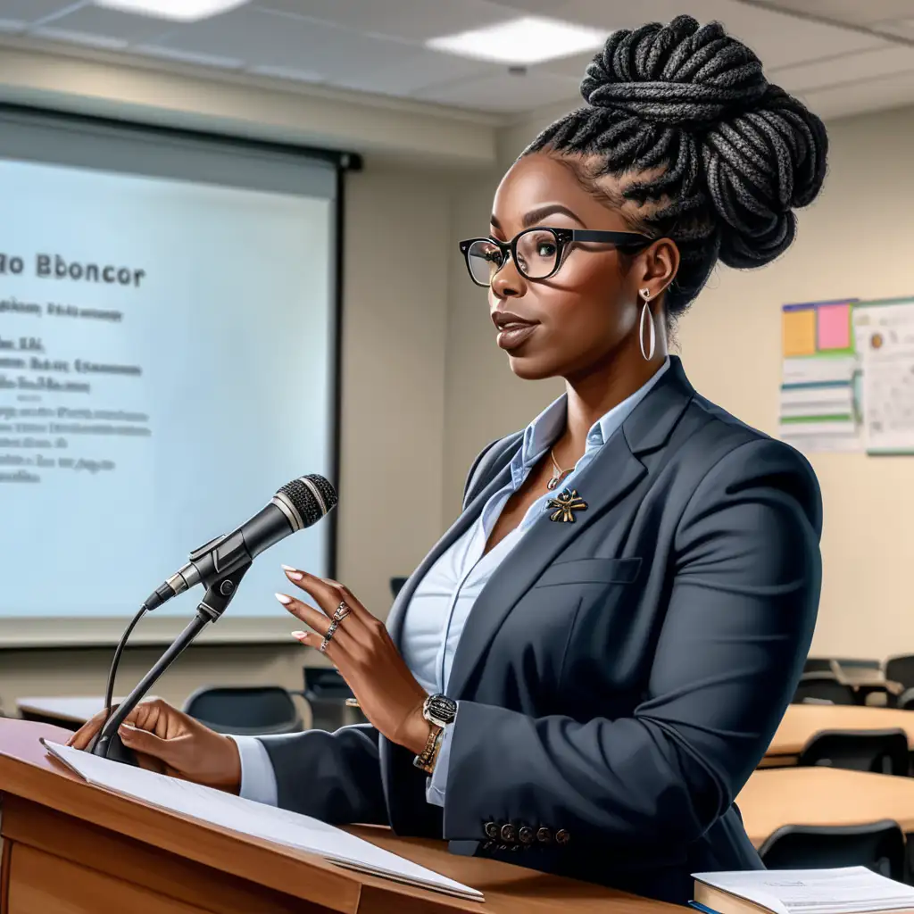 An realistic beautiful 
Black dark skin thick woman,  she wearing beautiful black dreadlocs up in a bun hairstyle, baby hairs, Boss babe, She is a professor, She is wearing a professional outfit, She is wearing glasses, She is teaching at a college university to her students, standing at a podium