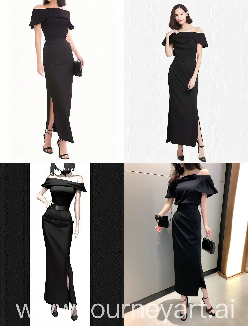 Long black fit pencil skirt maxi dress with a decollete collar, 4 Horizontal folds on waist, satin, slit to Middle of thigh, 10 centimeter Simple offshoulder Double layered short sleeves above elbow