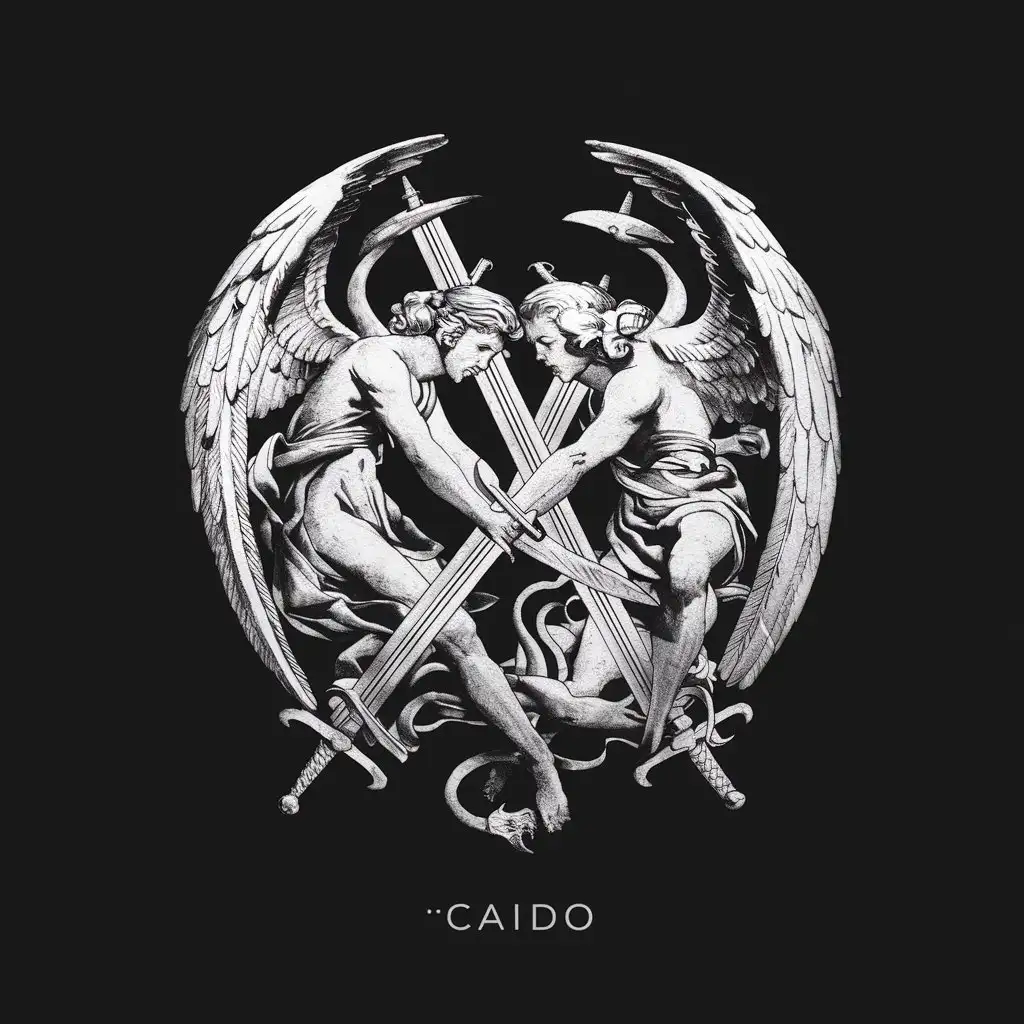 Logo for gang named "Сaído" , inspired by Gustave Dore, angels, fight, demons, black and white style