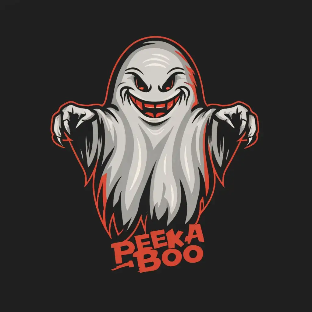 a logo design,with the text PEEK-A-BOO Caerleon, main symbol:Evil white ghost with red eyes and mouth. Scary with hands above head. Text PEEK-A-BOO above logo. Caerleon small underneath logo,complex,clear background