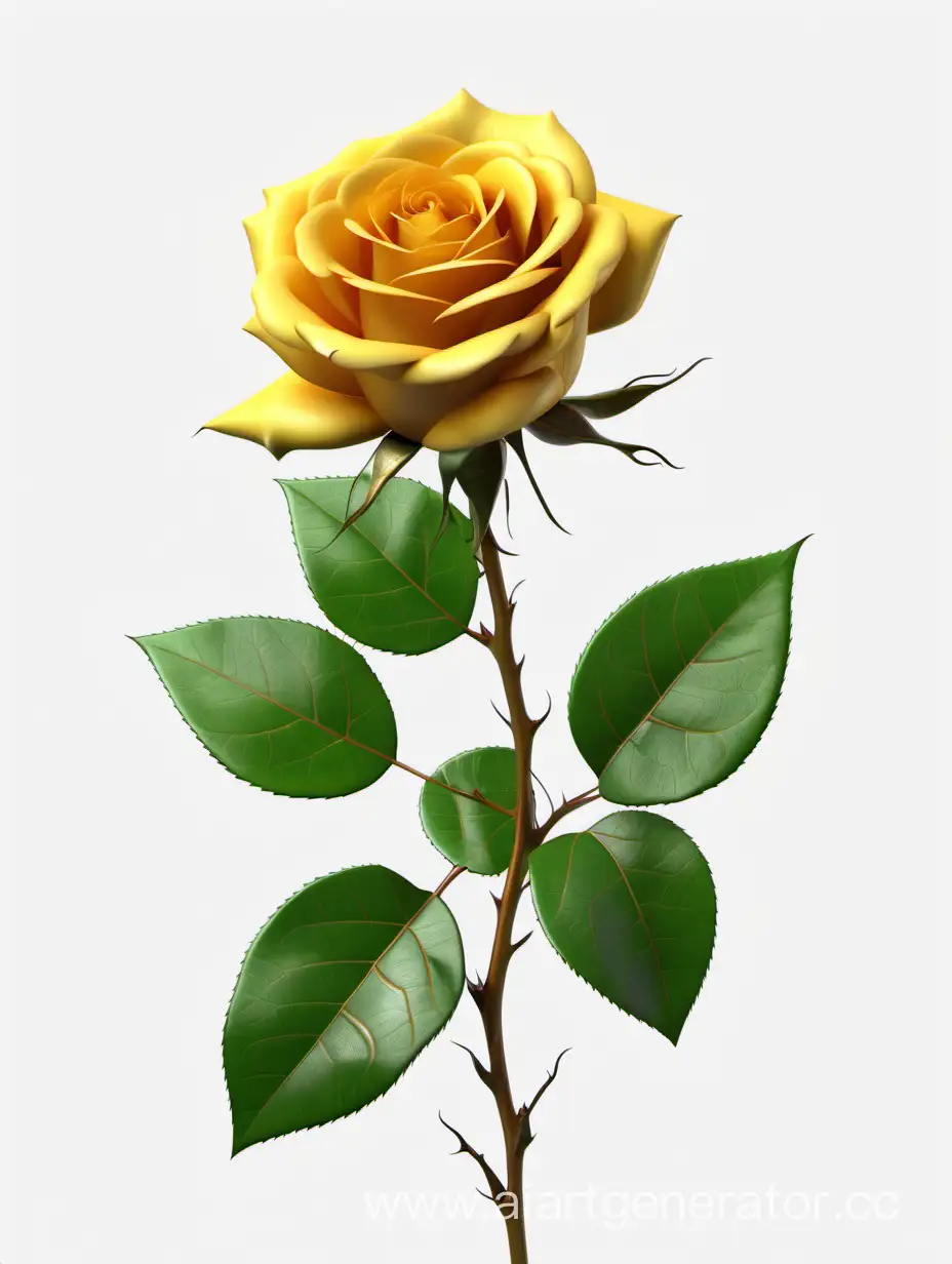 realistic dark yellow Rose 8k hd with fresh lush 2 green leaves on white background