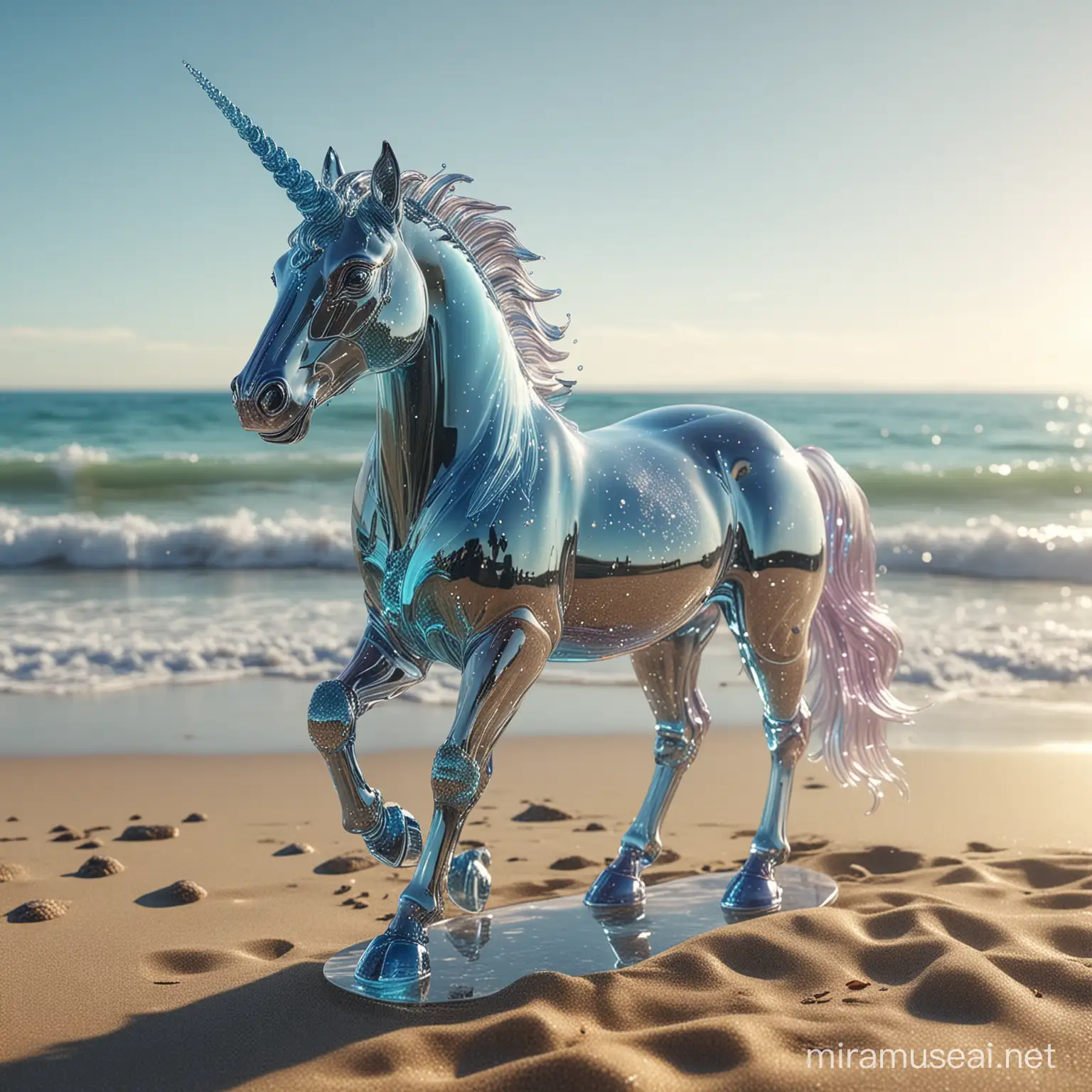 It is a transparent 3D glass unicorn and the background is by the beach and excellent quality 8K Ultra HD 