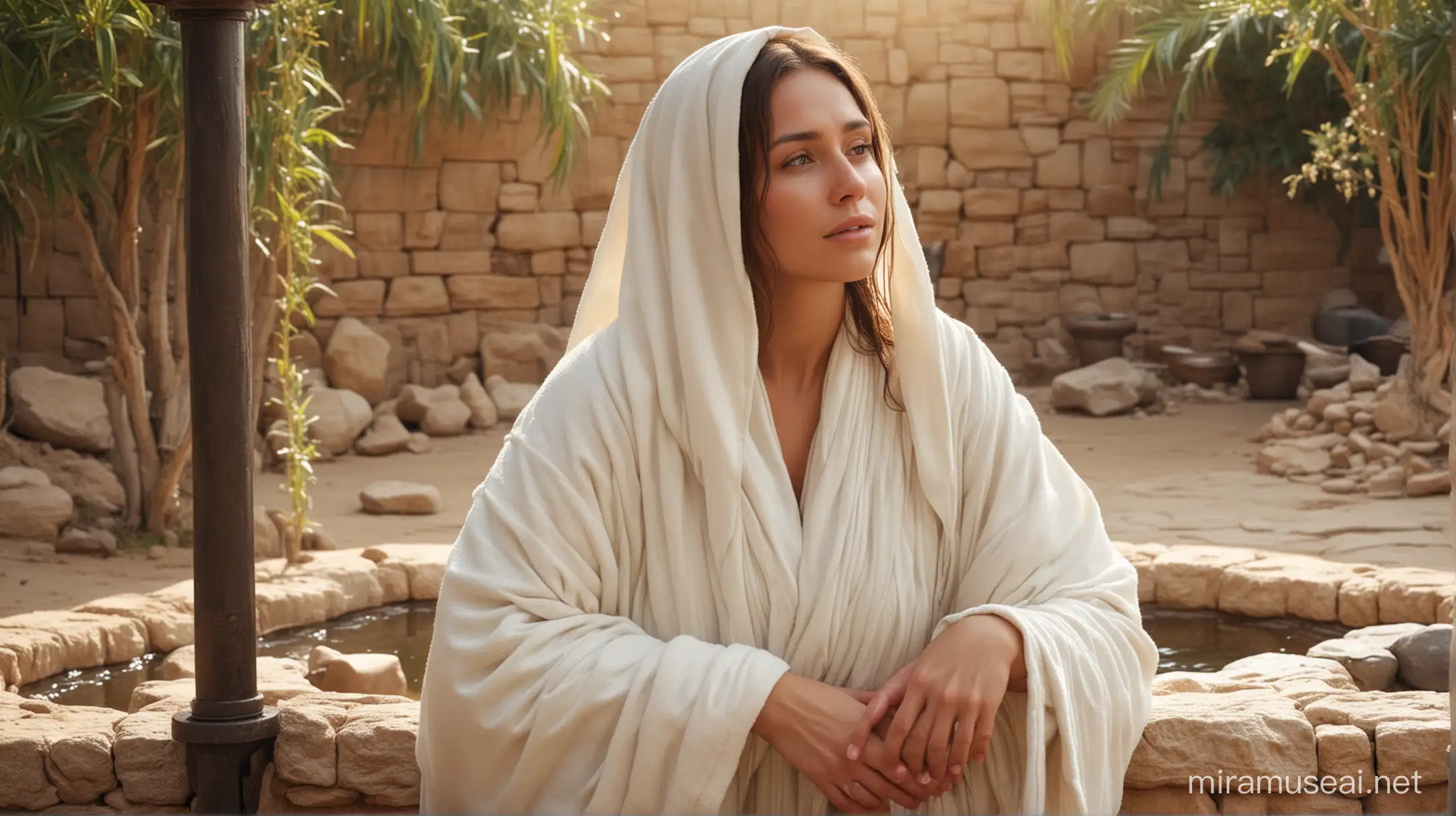 a Samaritan woman at a biblical well, tan skin, off white covered robe, look of shy astonishment, Ultra High Quality, Ultra HD, 8K, Vivid