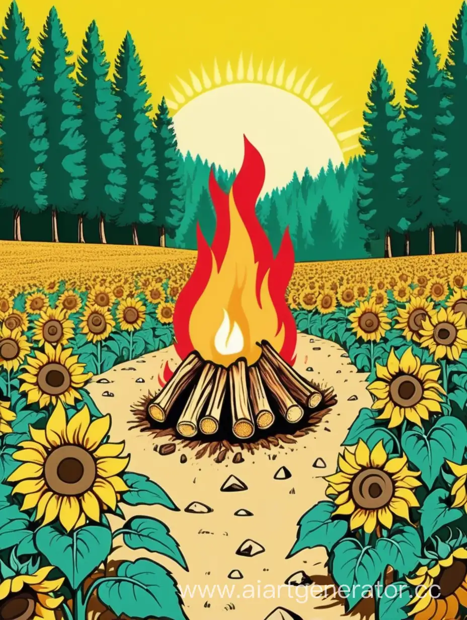 in the distance, a burning bonfire on a path against the background of sunflowers and a green sunny forest in the style of pop art