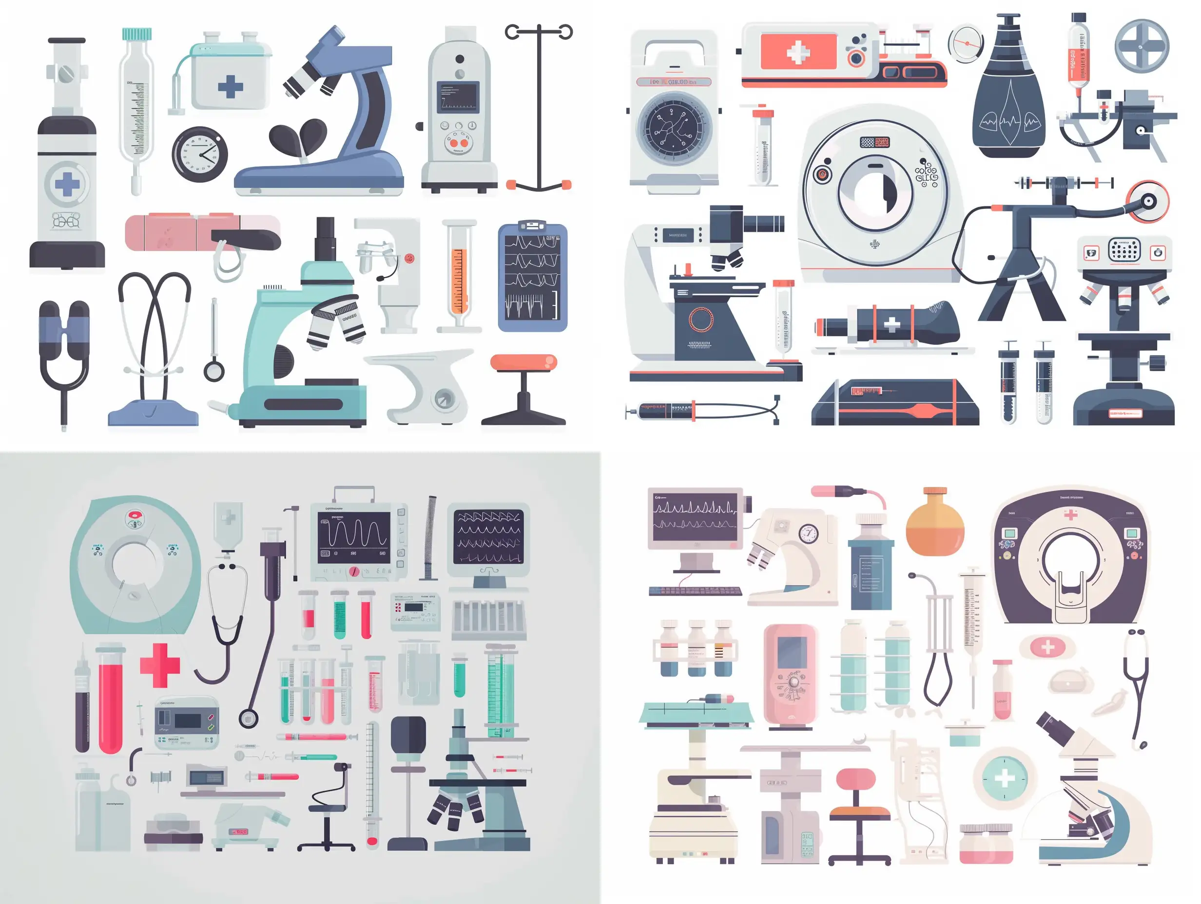 иллюстрация, медицинские приборы, стетоскоп, аппарат мрт, тонометр, термометр, микроскоп, исследования, все аккуратно упорядочено на белом простом фоне