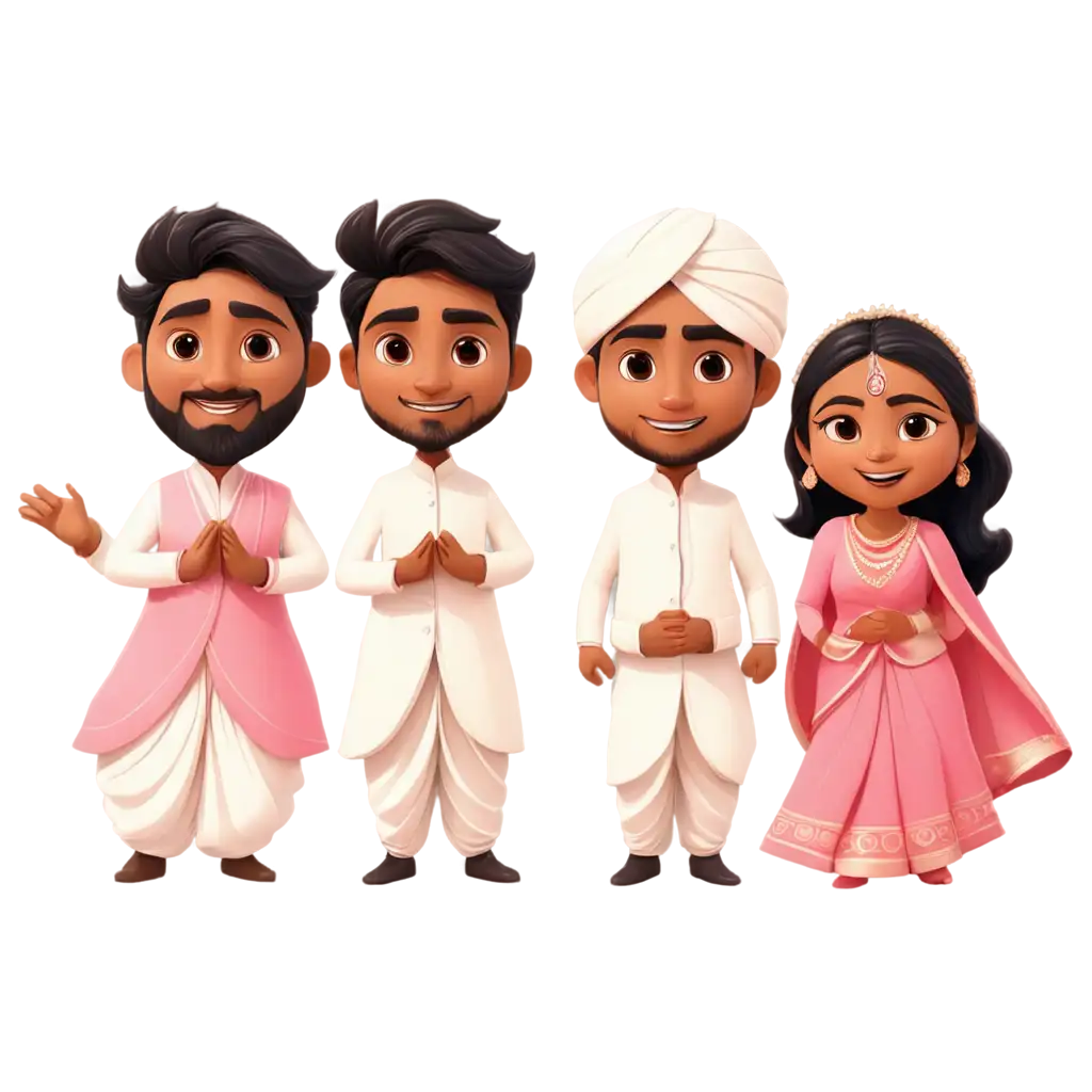 cartoon indian wedding couple with bride wearing white and pink saree and groom wearing dhoti