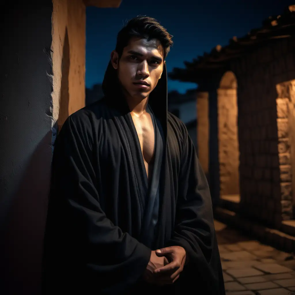gloomy young handsome fit Peruvian man, large black robes, the house of the spirits, night
